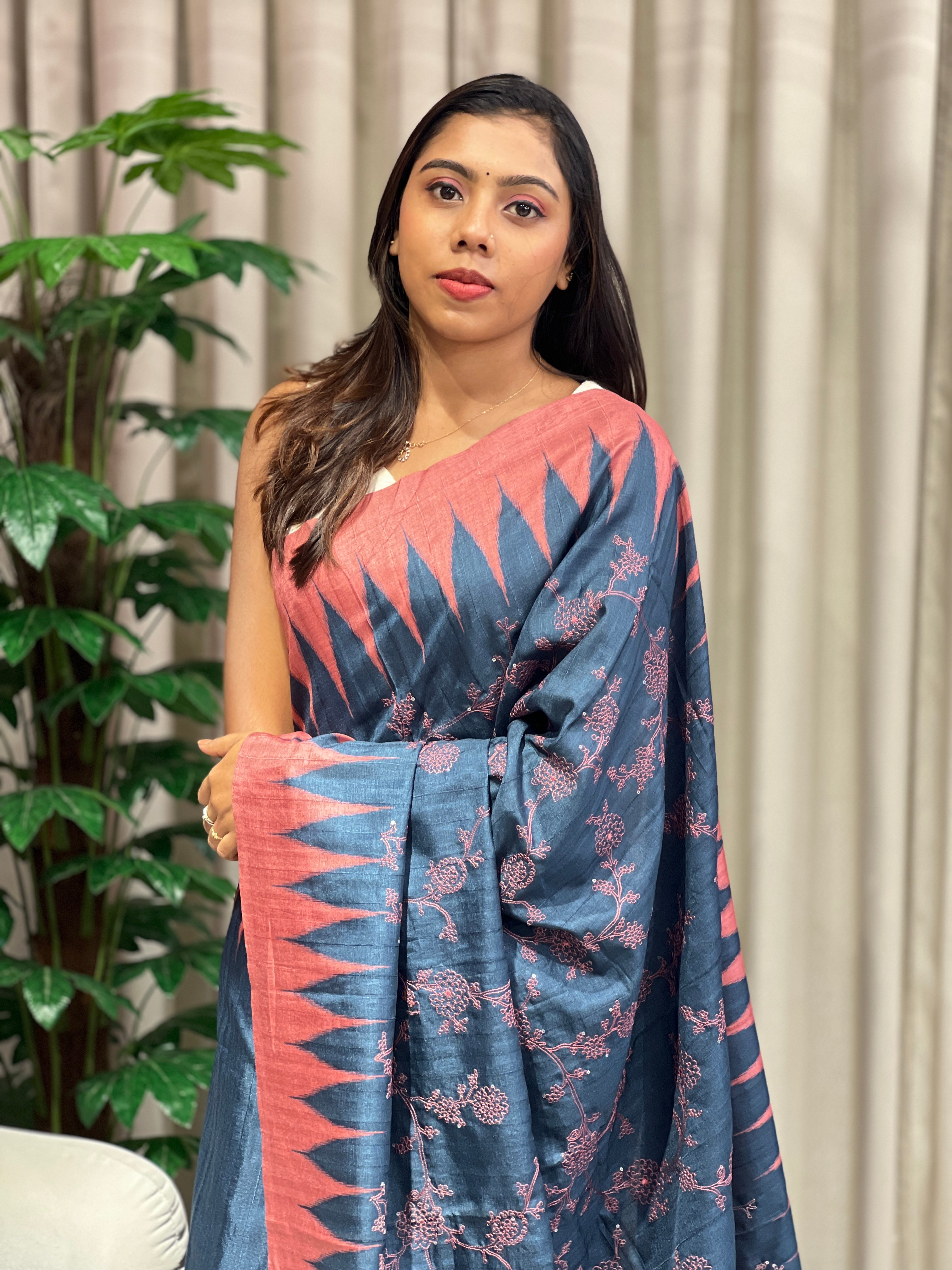 Jaal Patterned Embroidered Semi Tussar Saree | SSN454