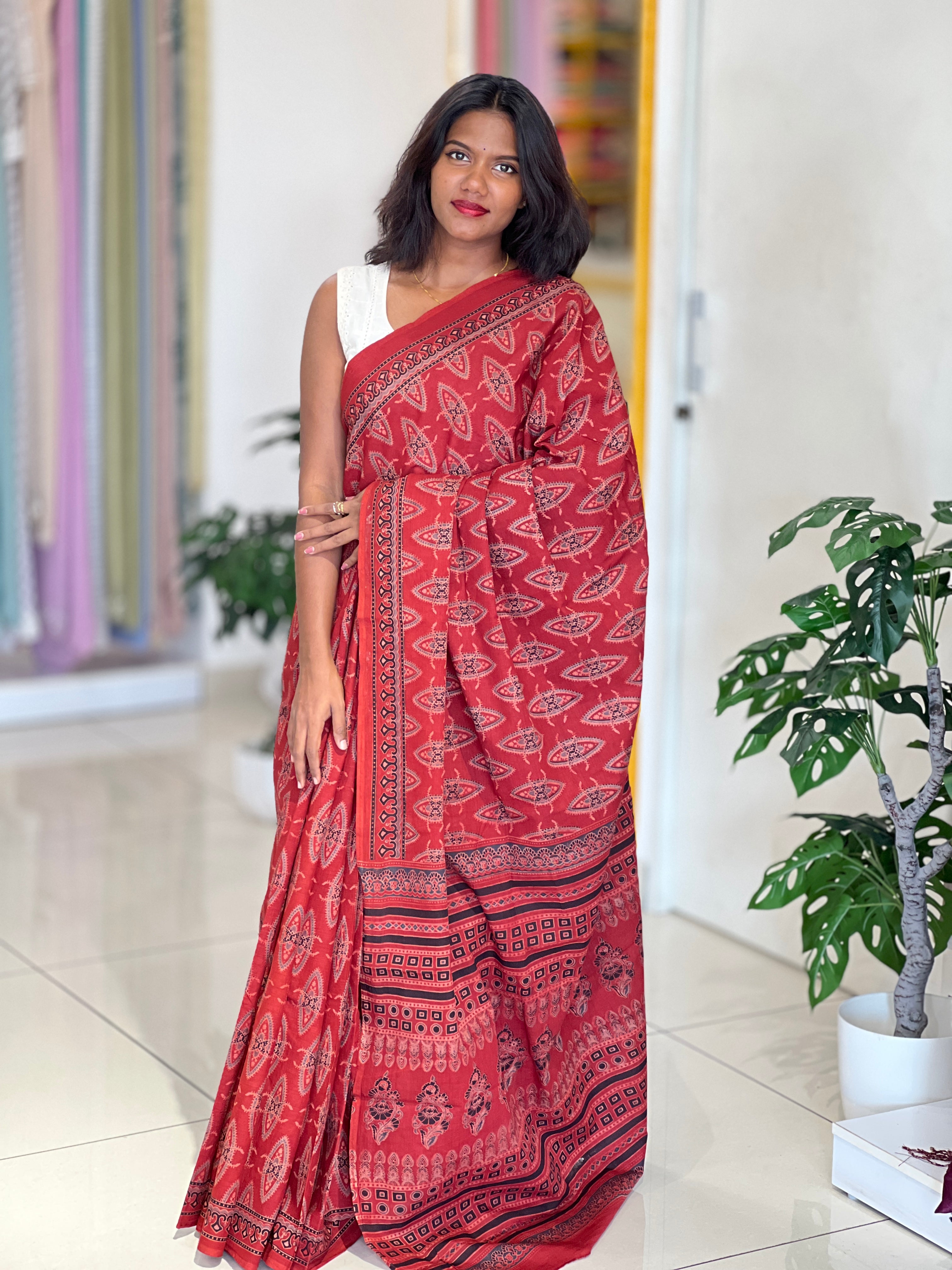Ajrakh Pattern Printed Cotton Saree | VFC627