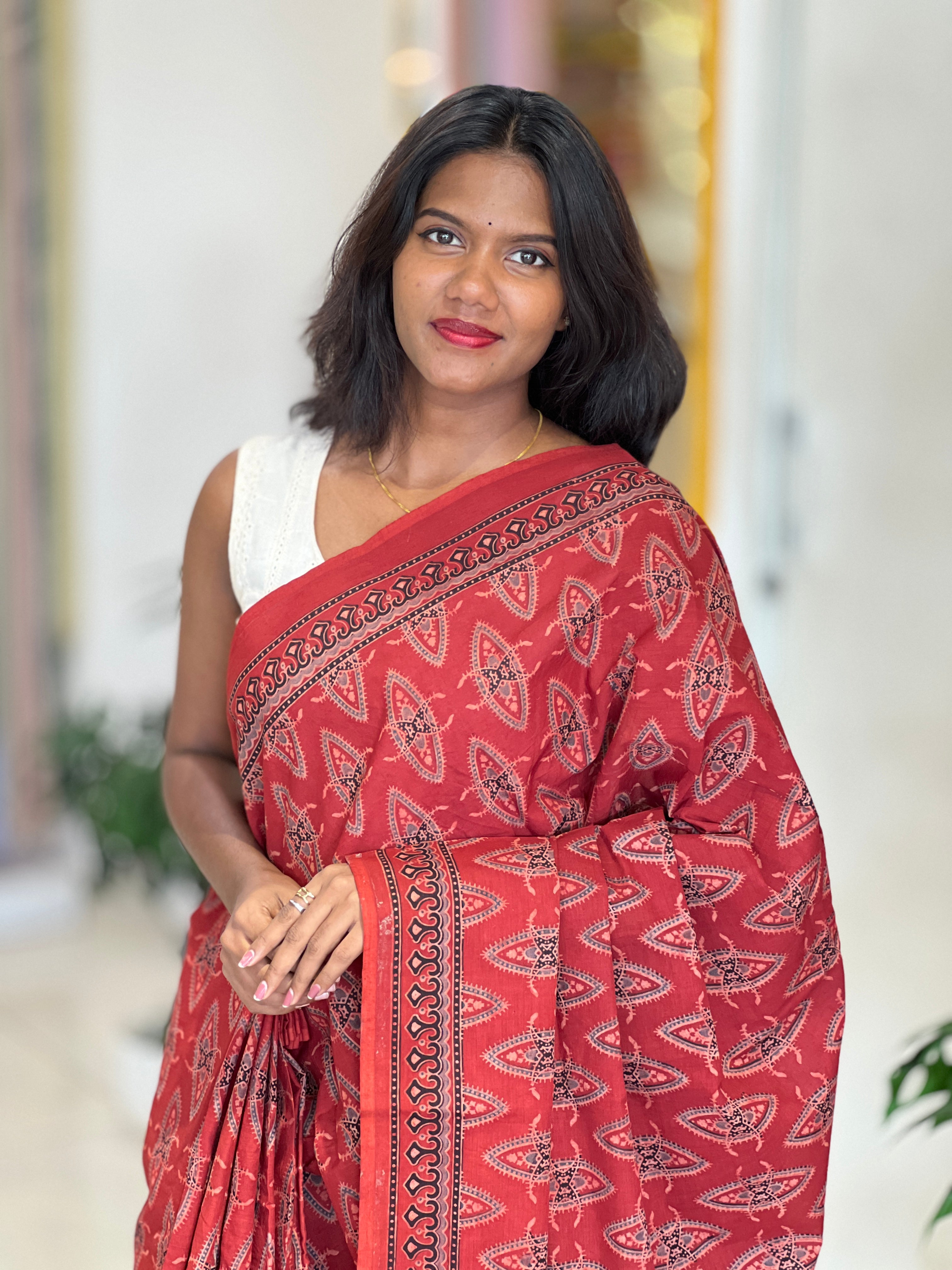 Ajrakh Pattern Printed Cotton Saree | VFC627