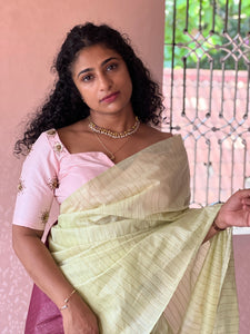 Golden Lurex Yarns Stripe Weaving Pattern Bhagalpuri Linen Saree | DLS181