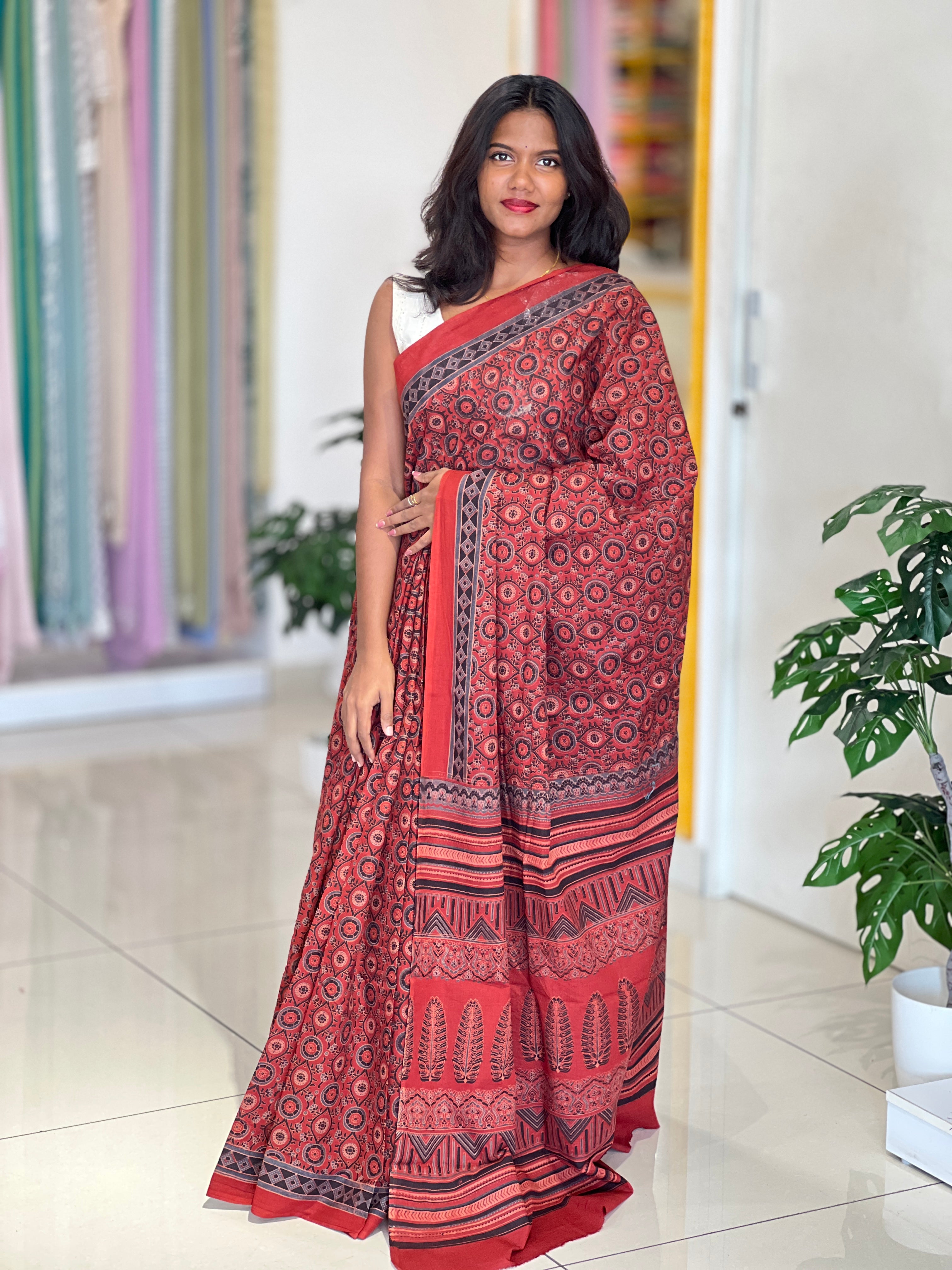 Ajrakh Pattern Printed Cotton Saree | VFC628