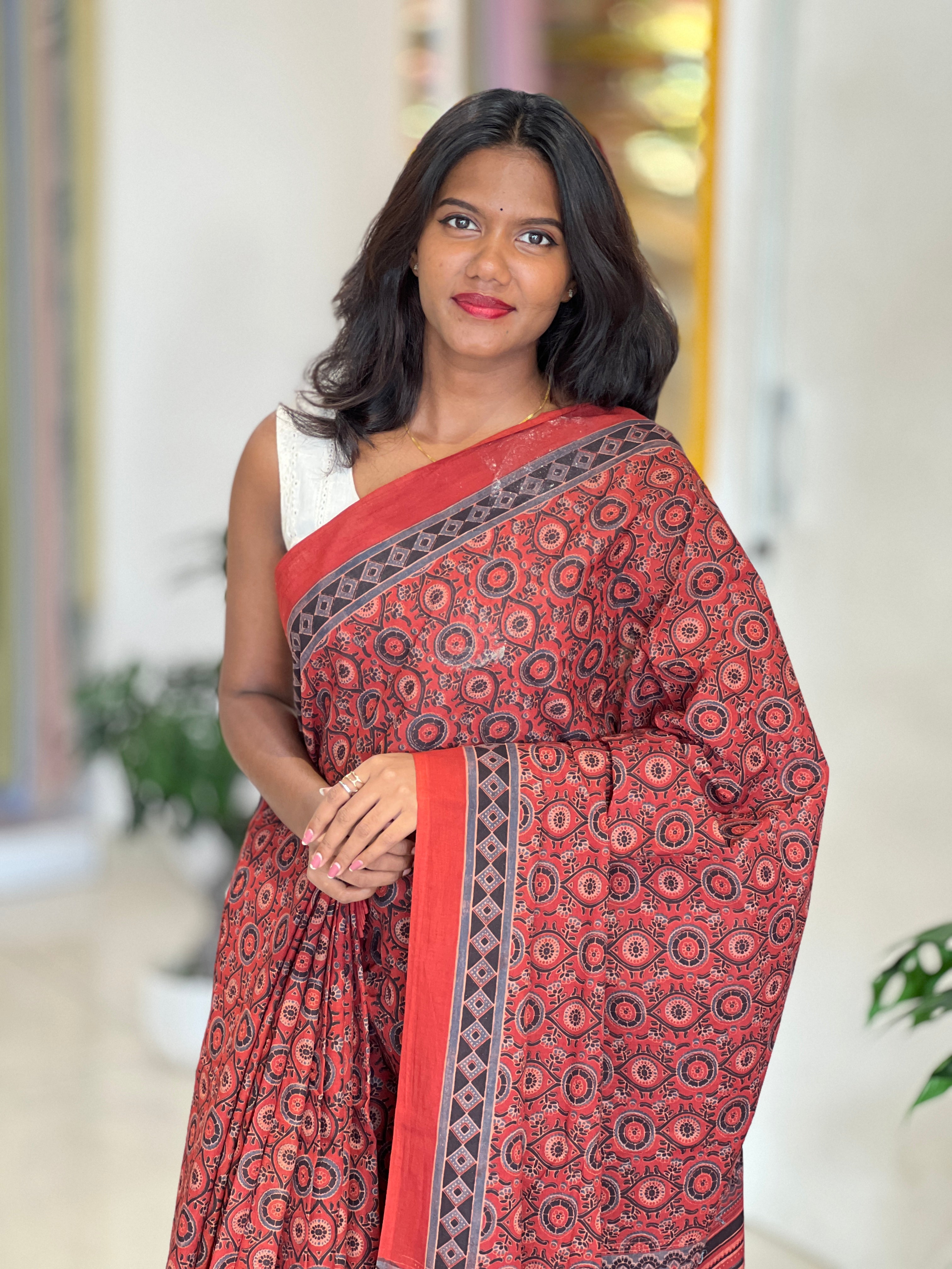 Ajrakh Pattern Printed Cotton Saree | VFC628