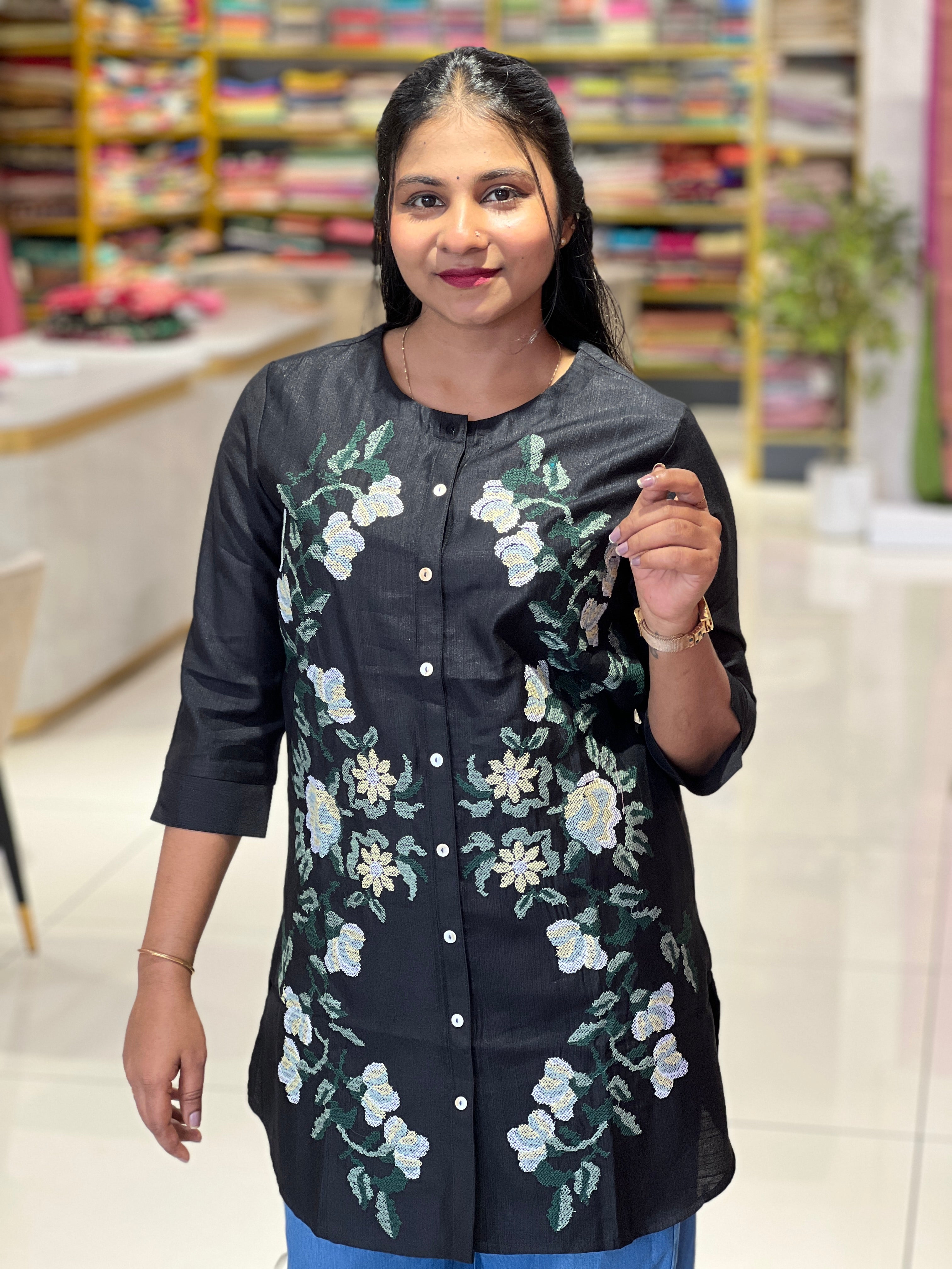 Floral Embroidery Detailed Semi Silk Short Kurta | PGI184