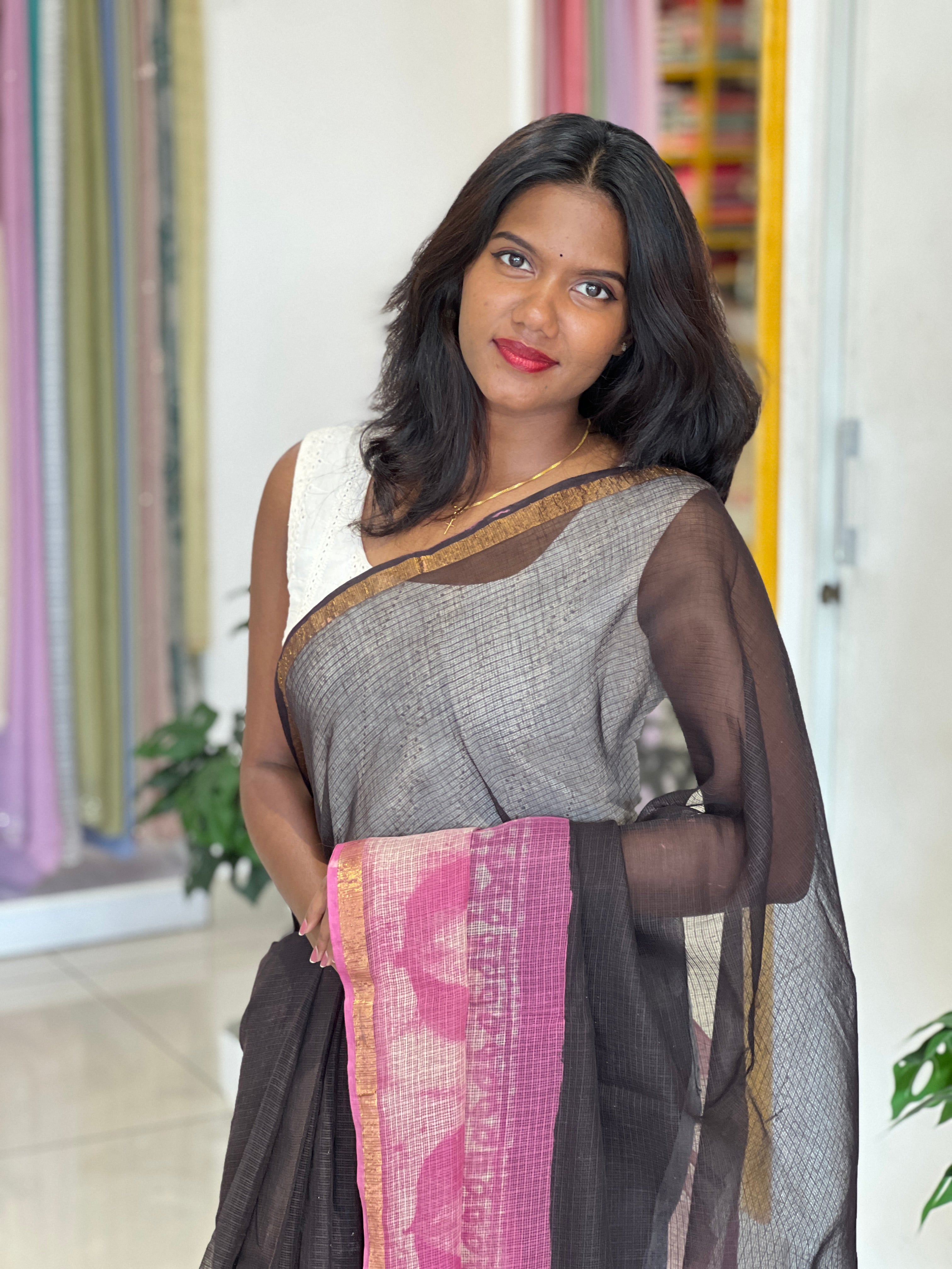 Smudged Floral Hand Block Printed Kota Saree |VFC607