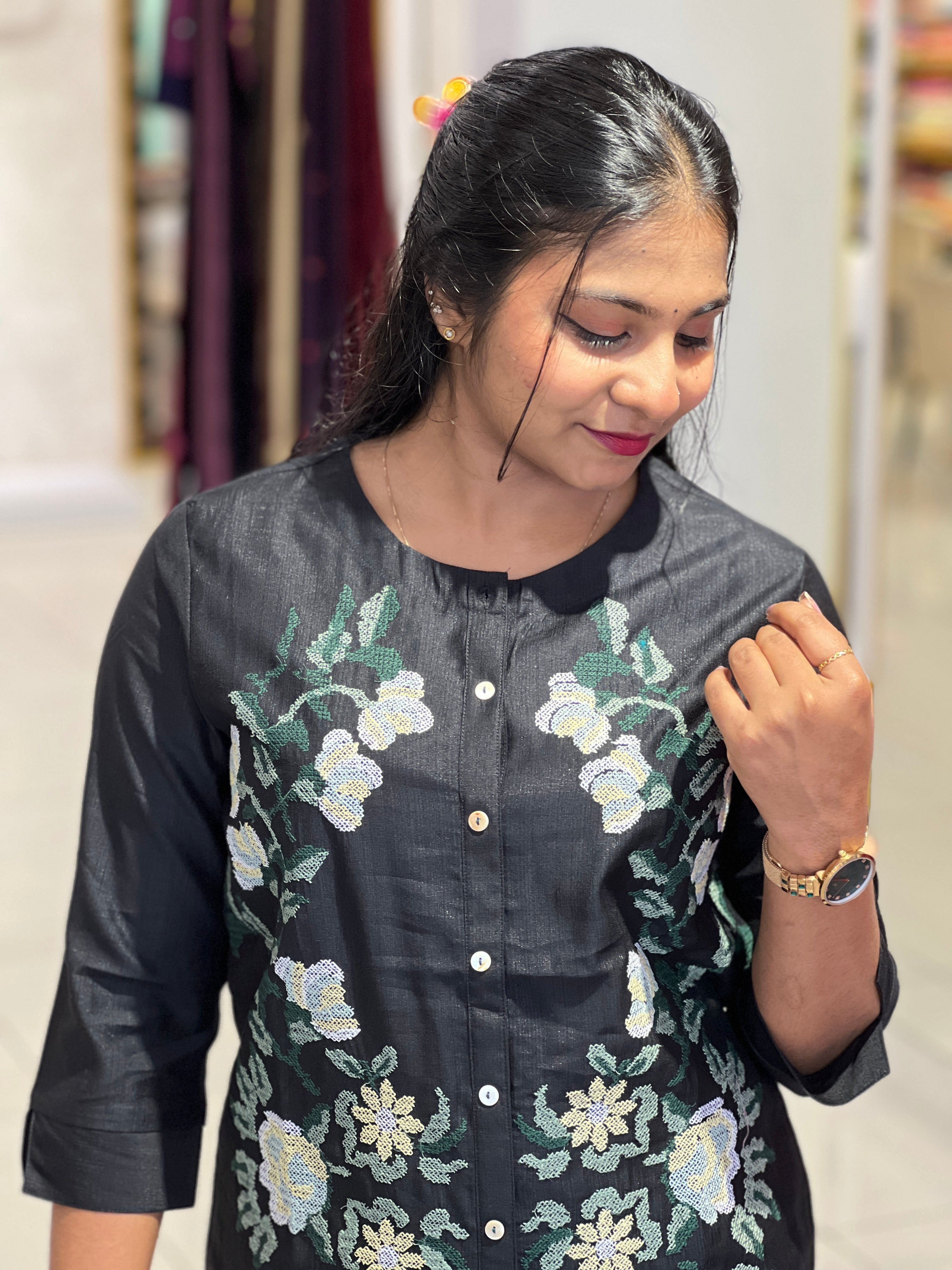 Floral Embroidery Detailed Semi Silk Short Kurta | PGI184