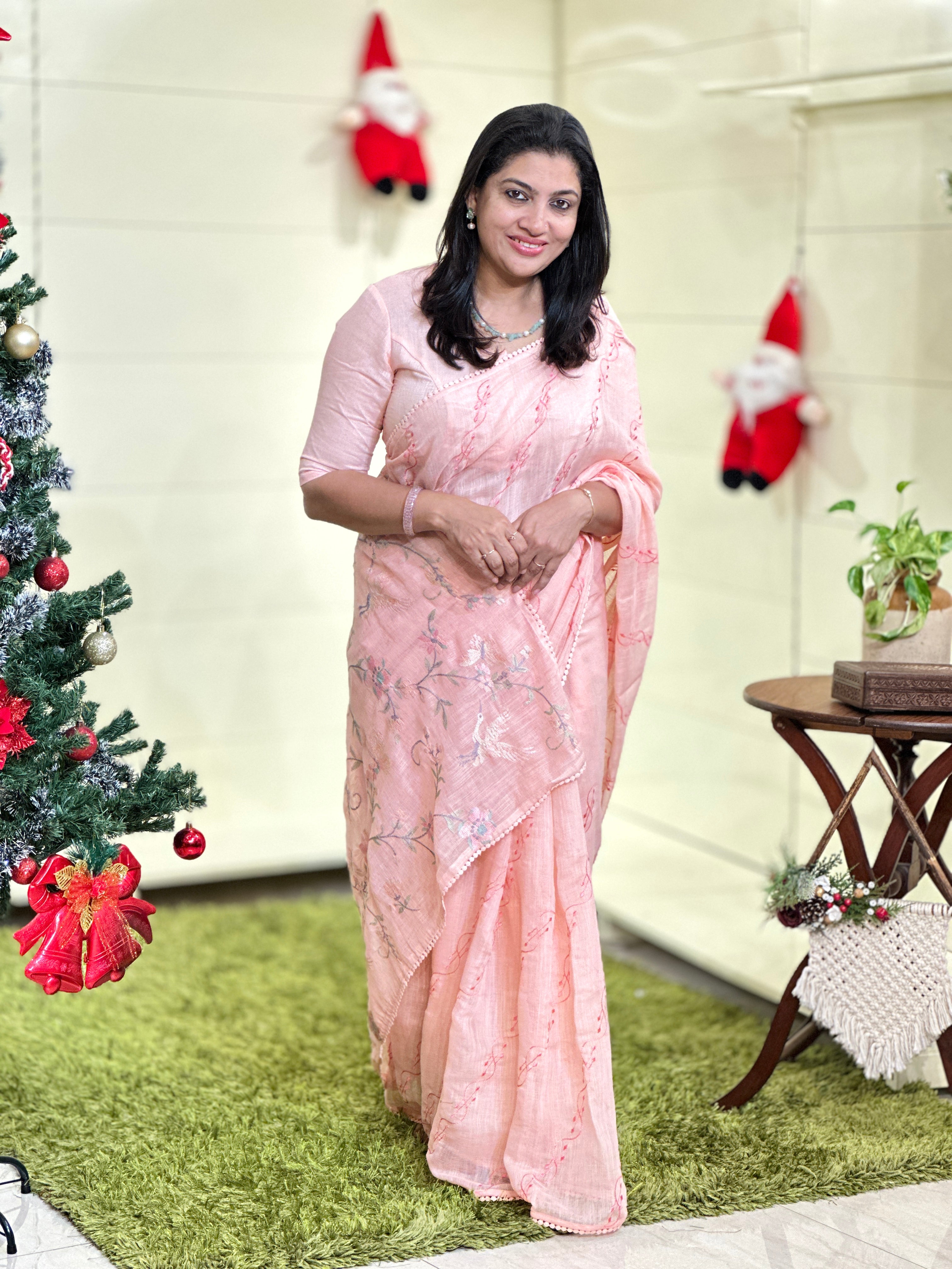 Floral Jaal Embroidery Detailed Bhagalpuri Linen Saree | BLD1503