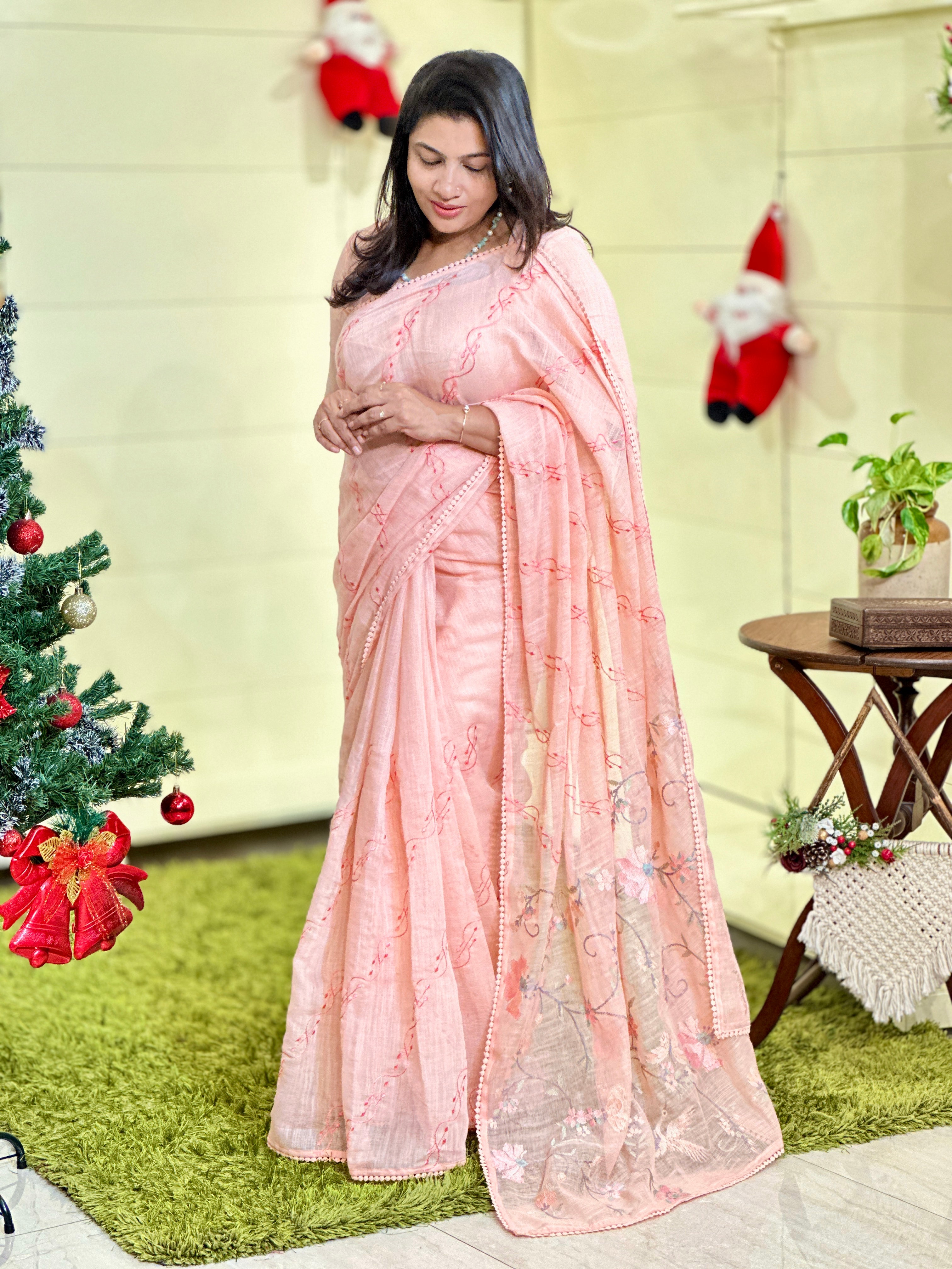 Floral Jaal Embroidery Detailed Bhagalpuri Linen Saree | BLD1503