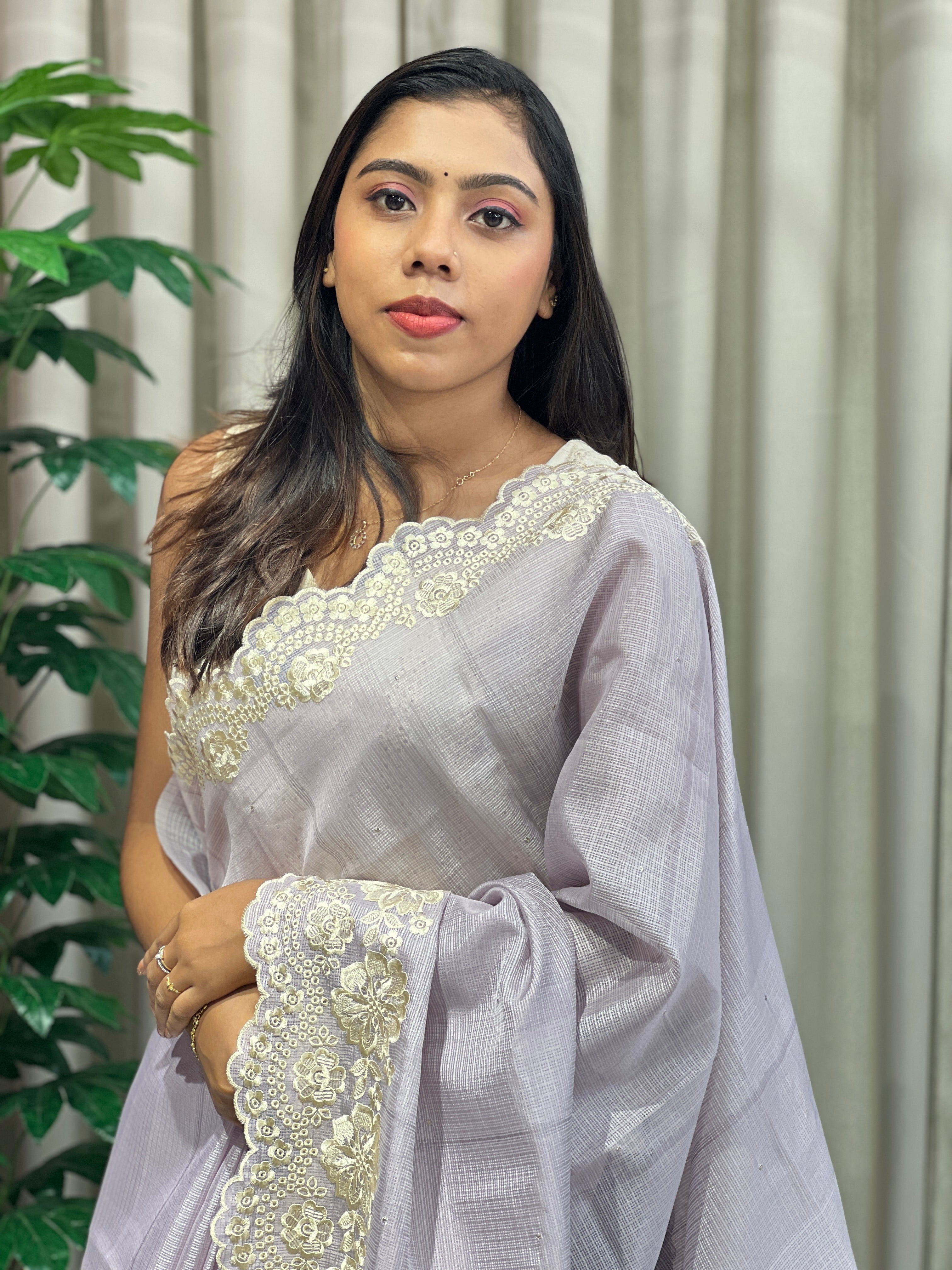 Floral Machine Embroidery Detailed Silky Kota Saree | PKS117