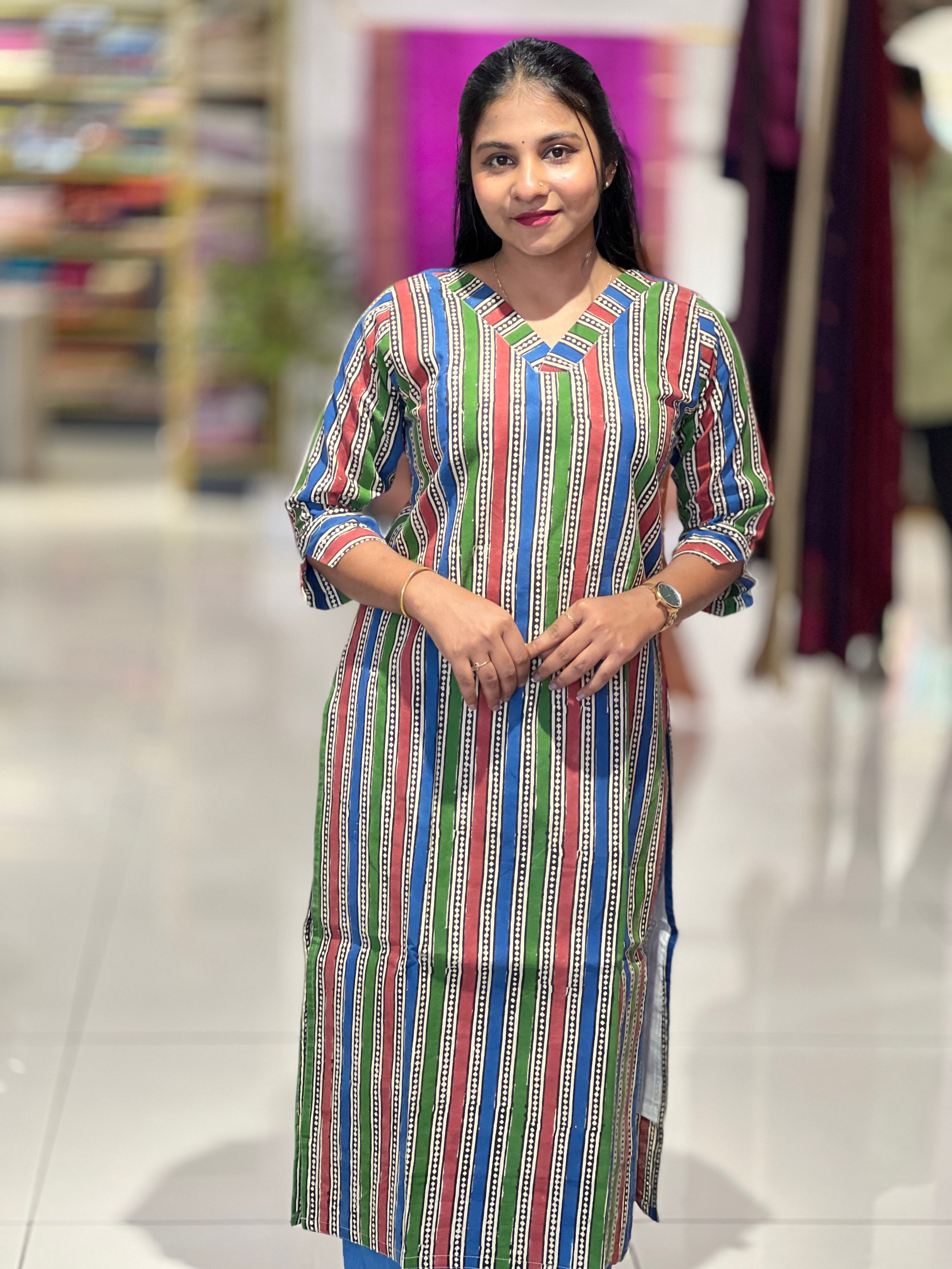 Stripes With Geometric Pattern Cotton Kurta | RMLA161