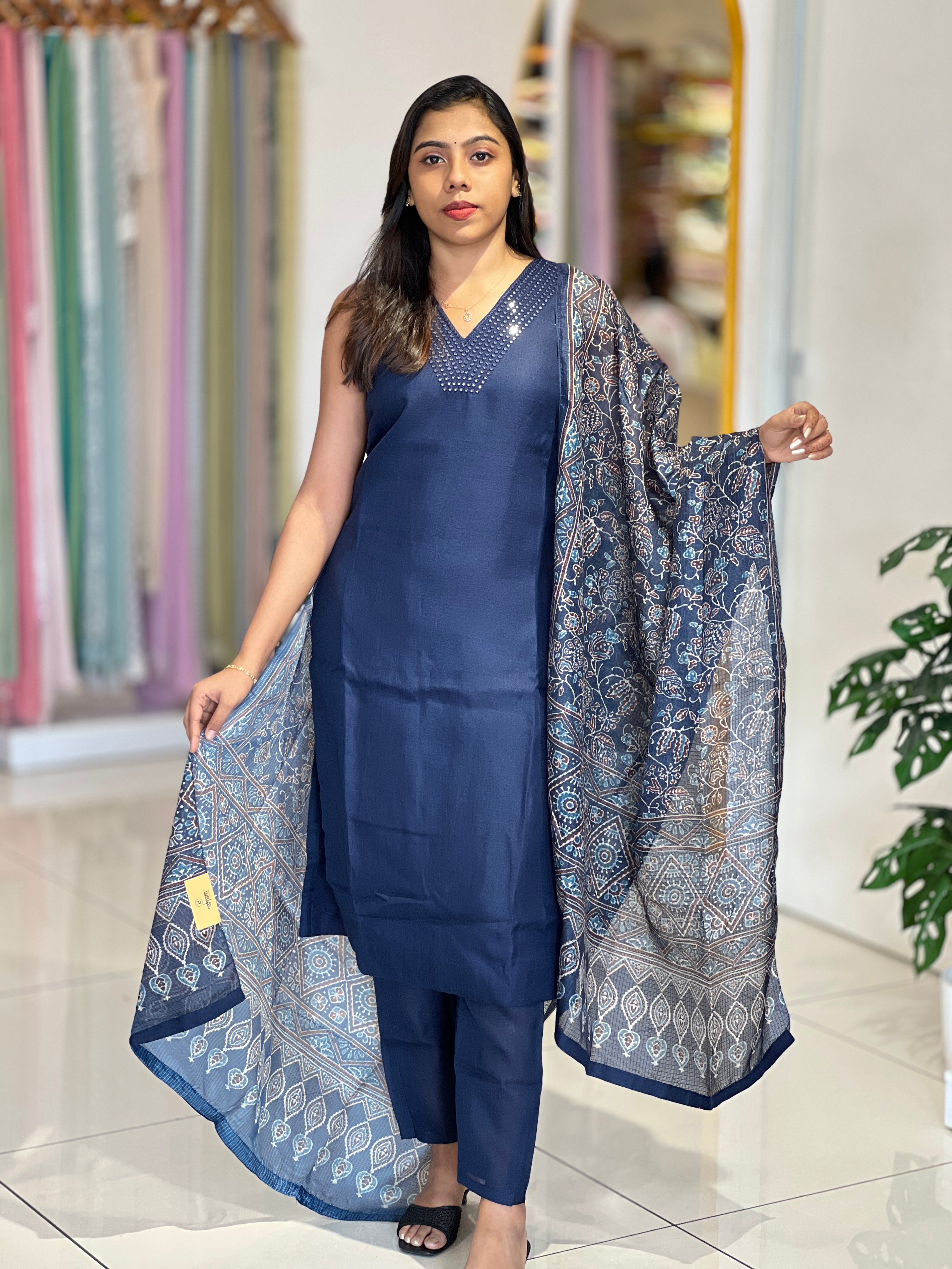 Mirror Work Detailed Slub Linen Cotton Kurta Set | NAI219
