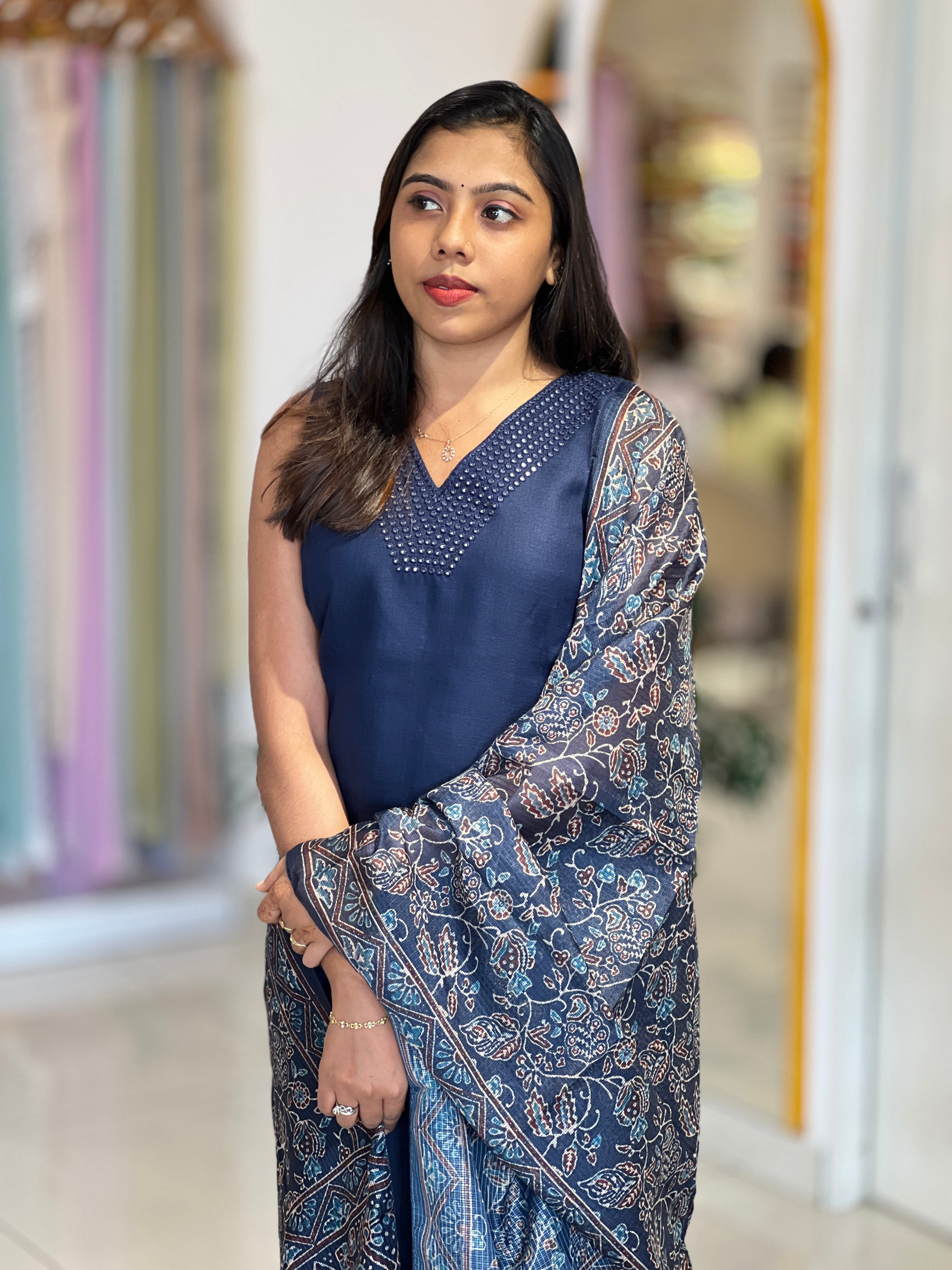 Mirror Work Detailed Slub Linen Cotton Kurta Set | NAI219