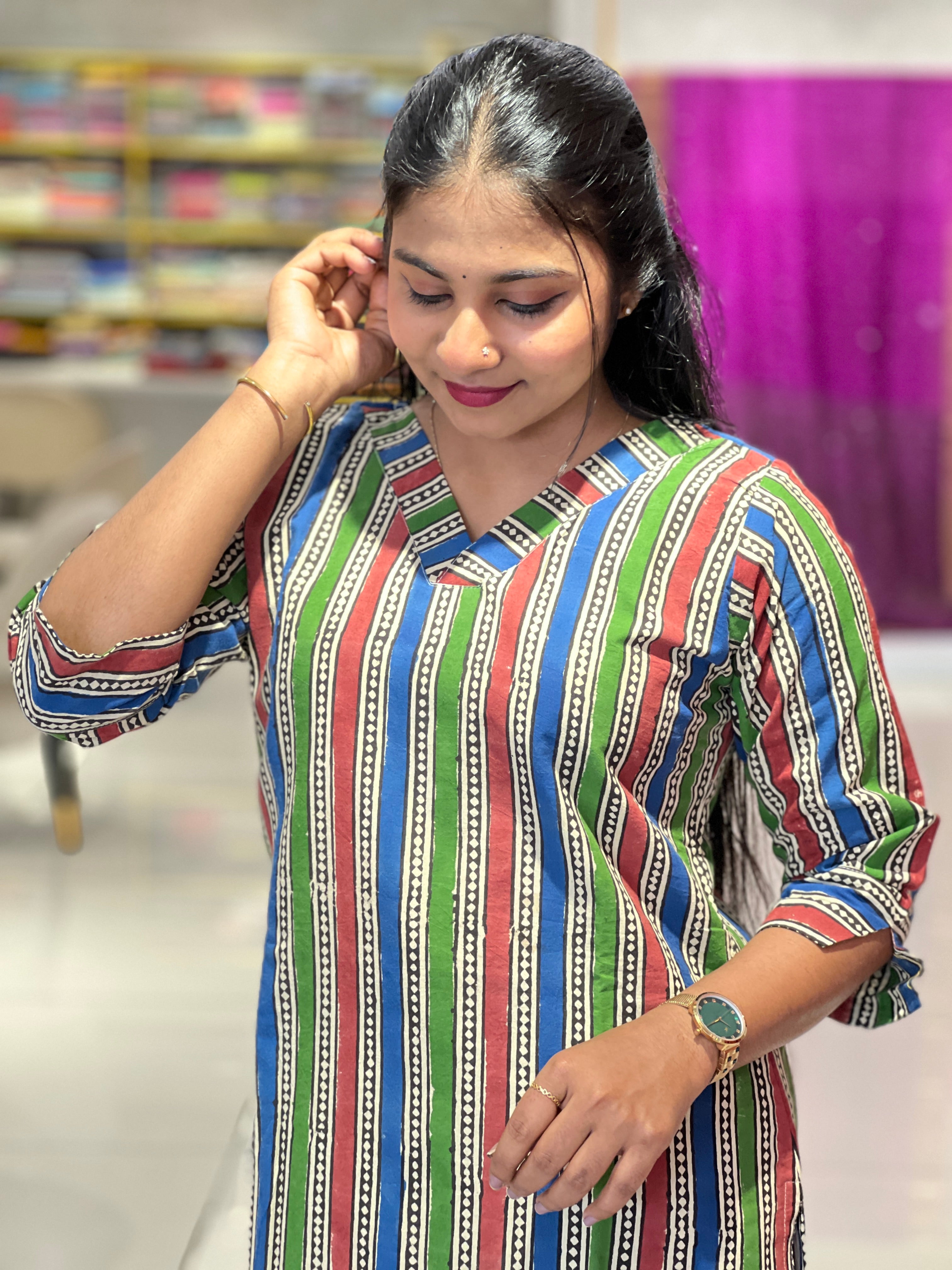 Stripes With Geometric Pattern Cotton Kurta | RMLA161