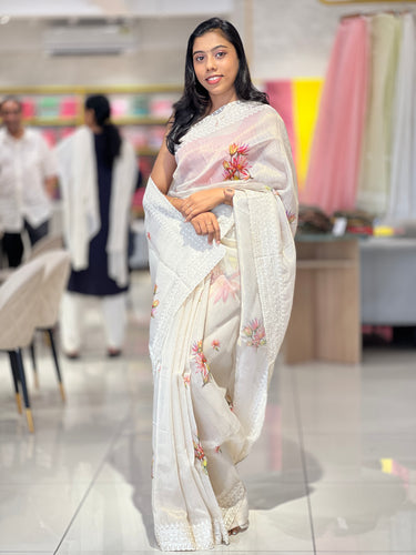 Floral Print & Embroidery Detailed Tissue Saree | HT108