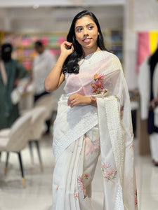 Floral Print & Embroidery Detailed Tissue Saree | HT108
