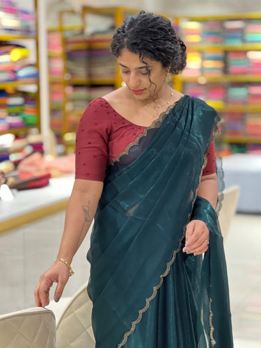 Stone Work Scallop Pattern Shimmer Organza Saree | SBP401