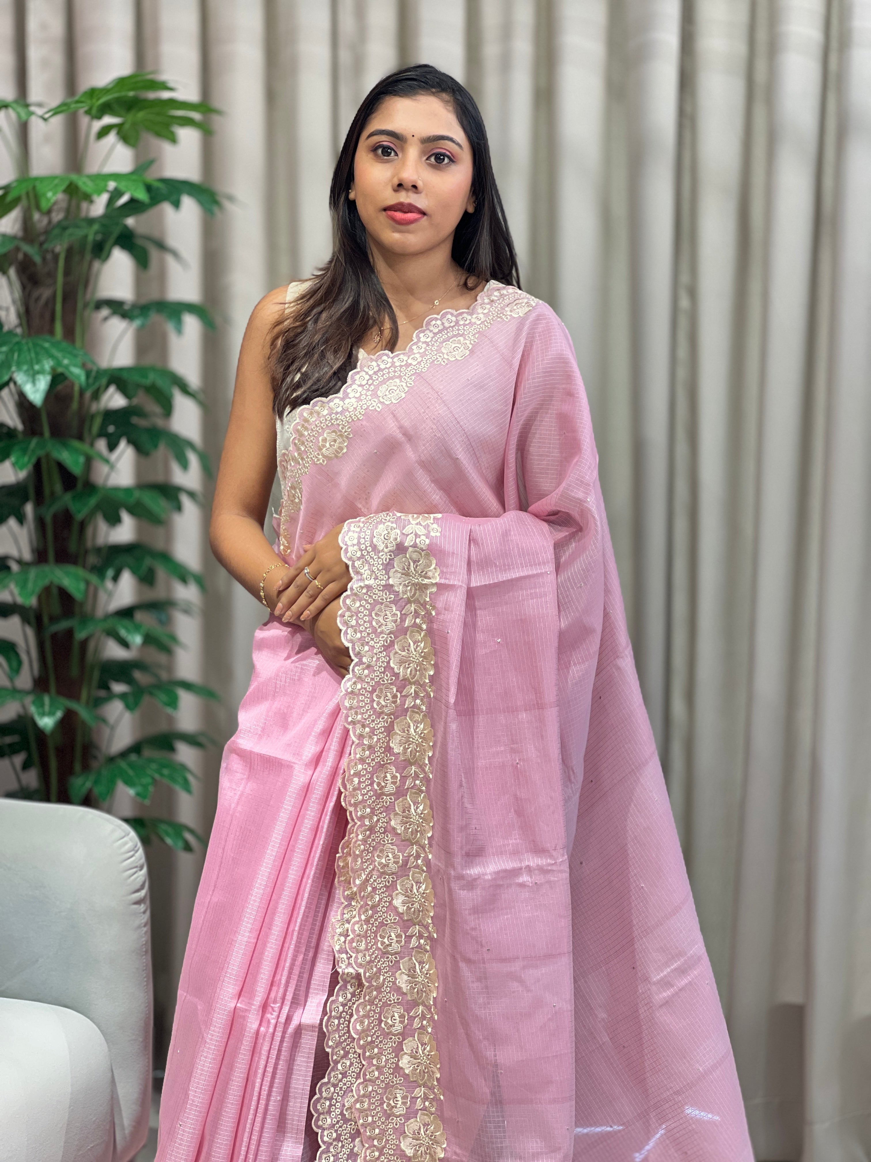 Floral Machine Embroidery Detailed Silky Kota Saree | PKS114