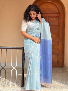 Golden Lurex Yarns Stripe Weaving Pattern Bhagalpuri Linen Saree | DLS179