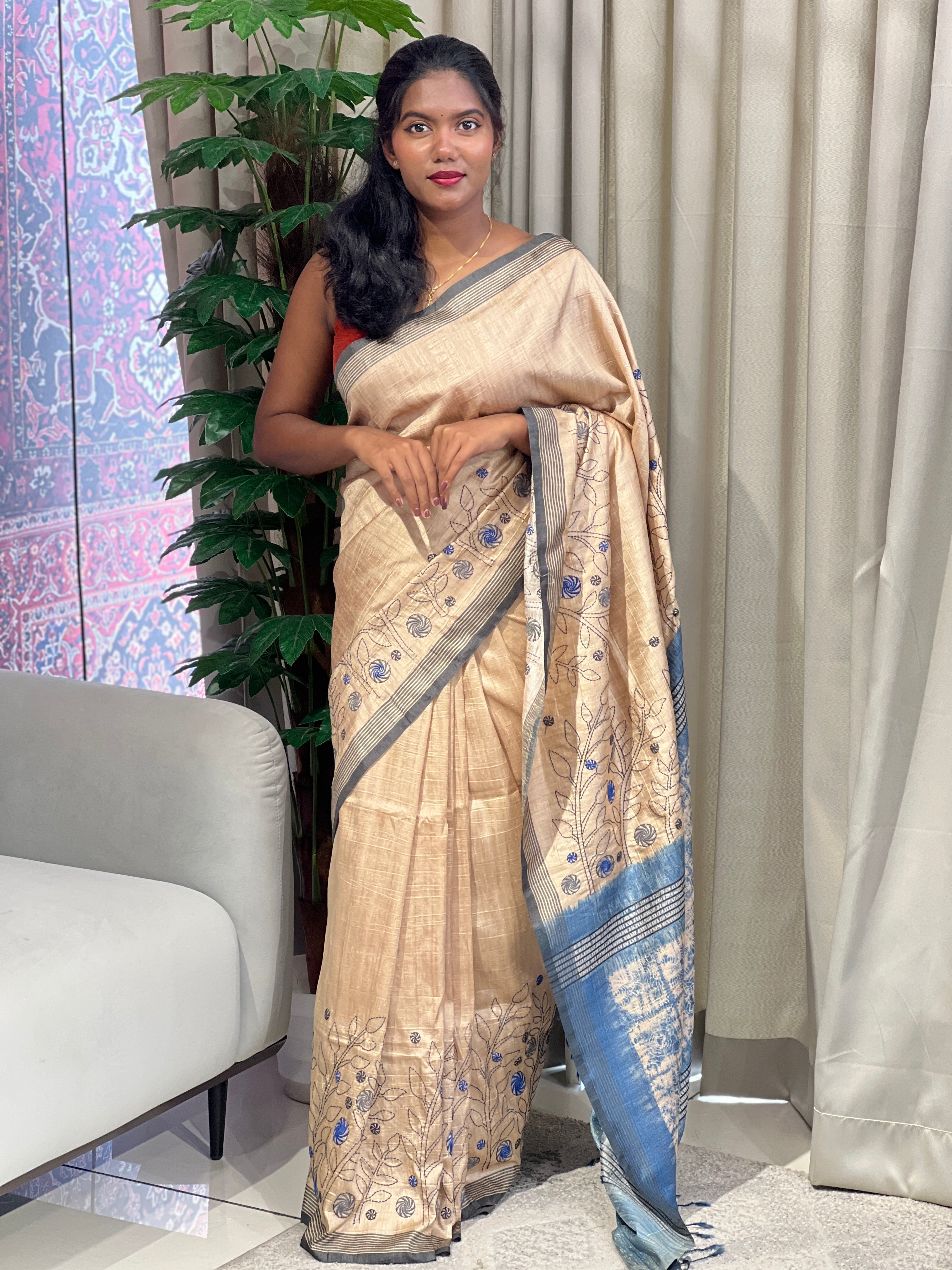 Machine Embroidery Semi Tussar Saree | SSN174