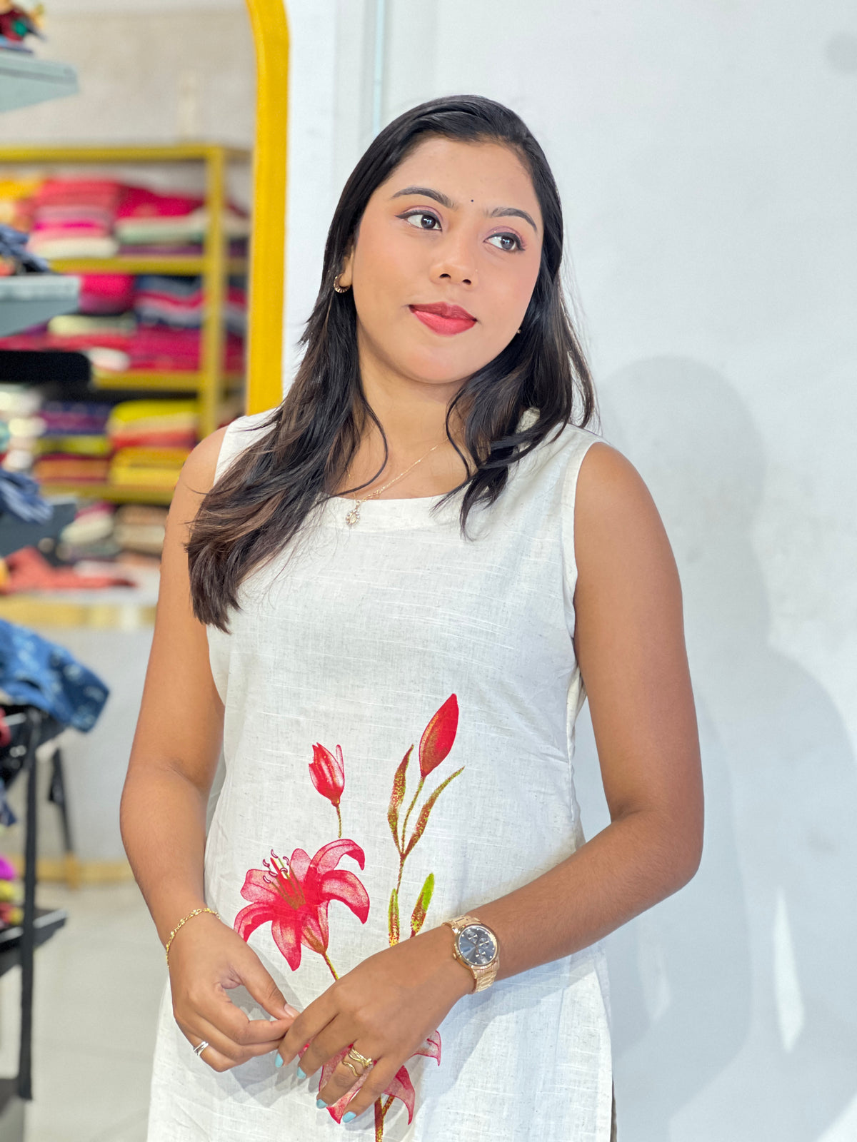 Floral Pattern Slub Cotton Kurta | VS145