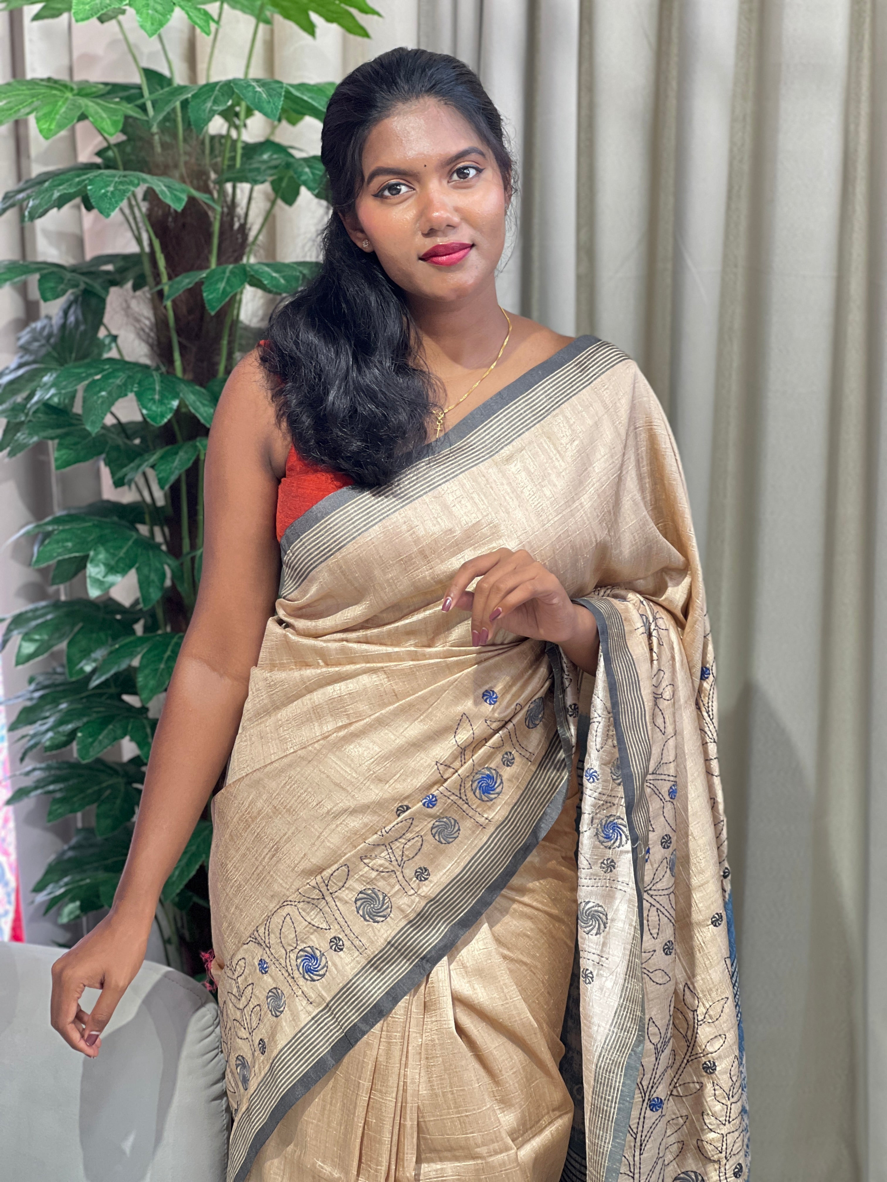 Machine Embroidery Semi Tussar Saree | SSN174