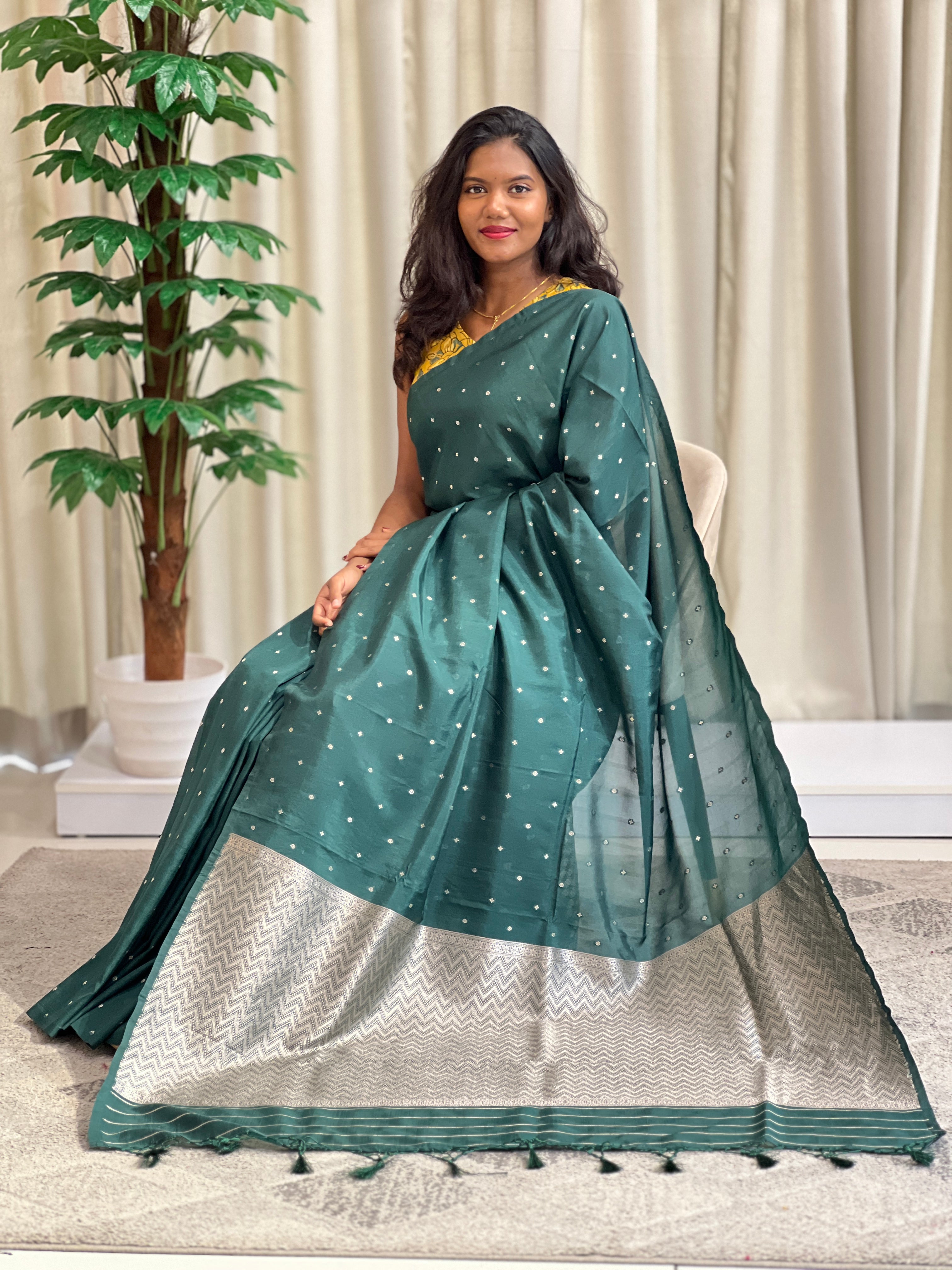Silver Zari Buti Woven Semi Dupion Silk Saree | MB169