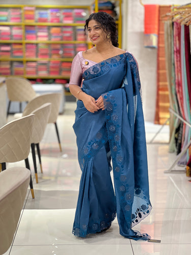 Stone Sticking Work Crushed Organza Saree | SBP425