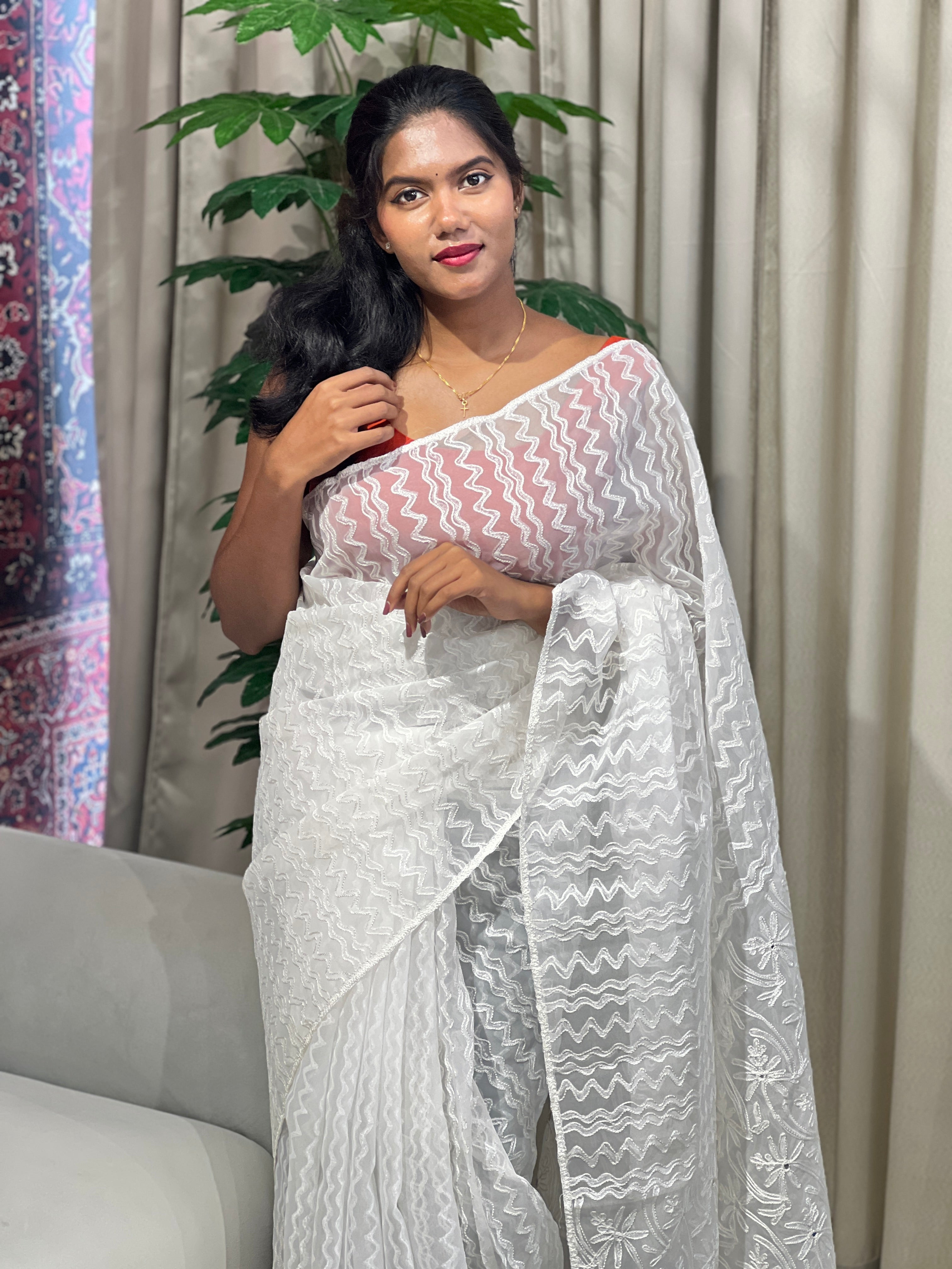 Machine Embroidery Detailed Organza Saree | JSC150