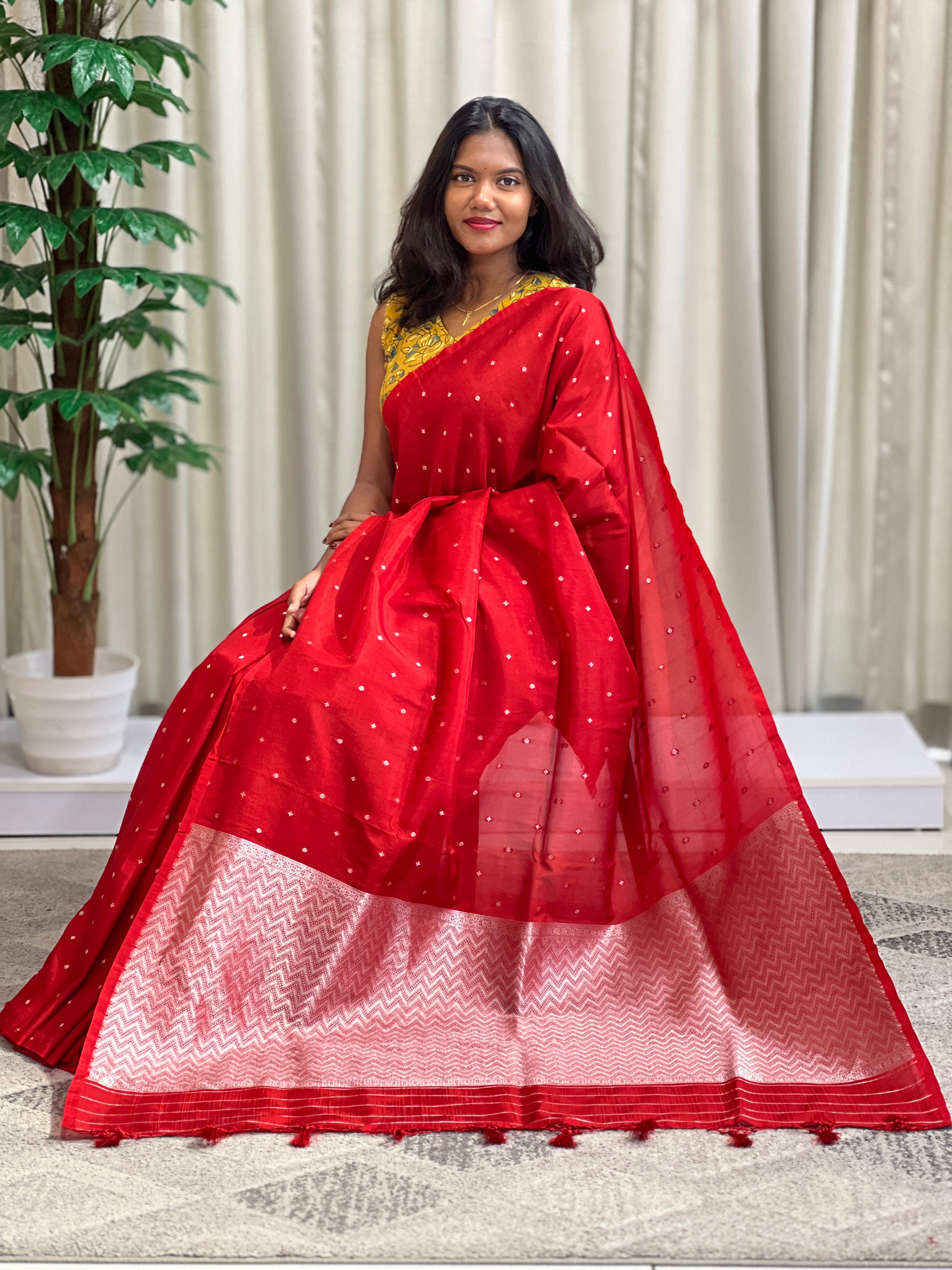 Silver Zari Buti Woven Semi Dupion Silk Saree | MB167