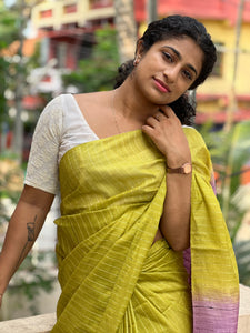 Golden Lurex Yarns Stripe Weaving Pattern Bhagalpuri Linen Saree | DLS183
