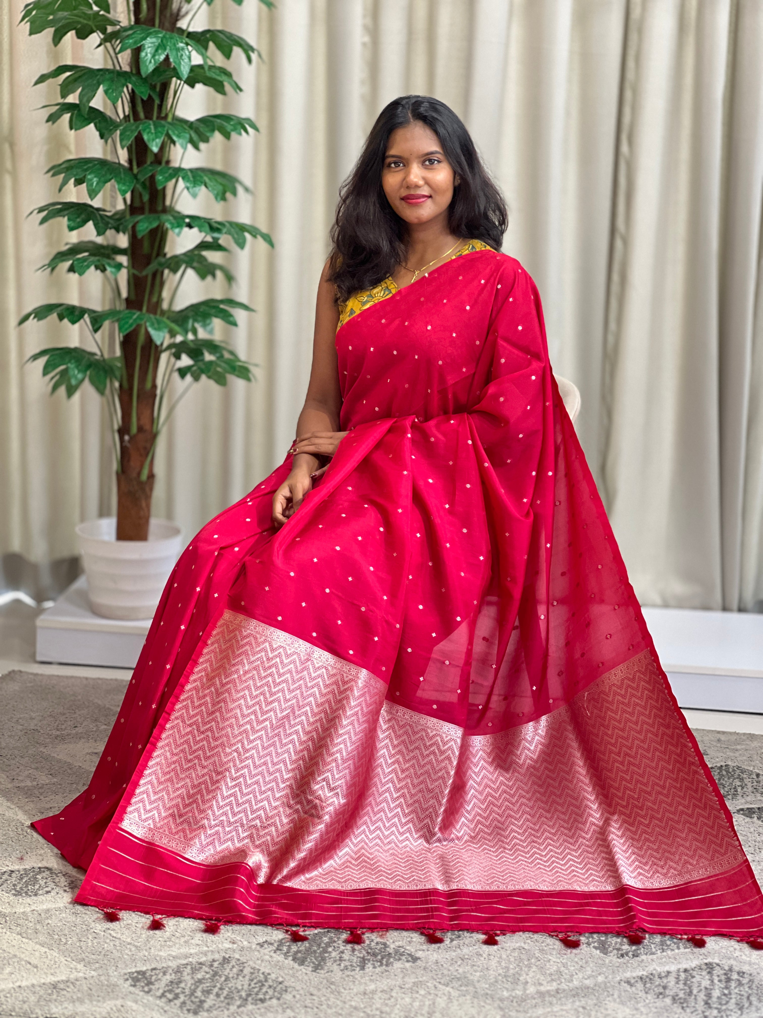 Silver Zari Buti Woven Semi Dupion Silk Saree | MB165