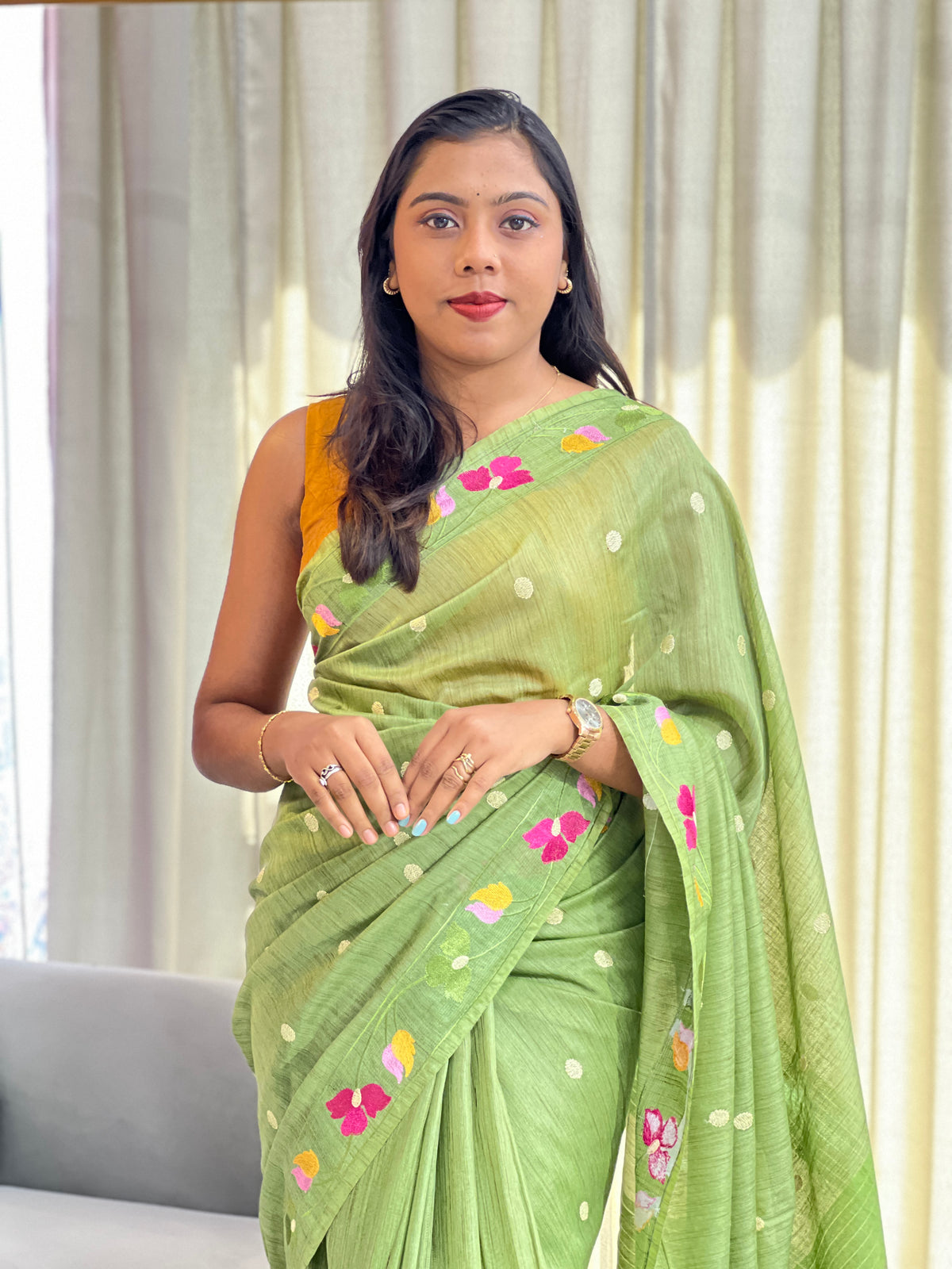 Floral Embroidered Bhagalpuri Linen Saree | NHH682