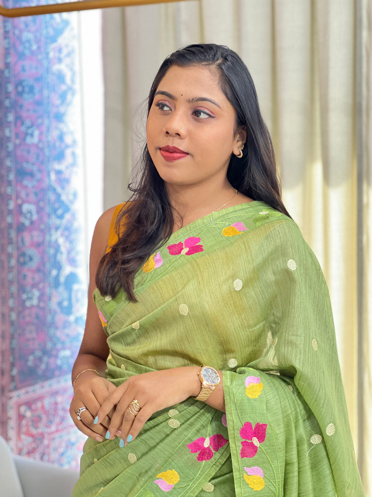 Floral Embroidered Bhagalpuri Linen Saree | NHH682