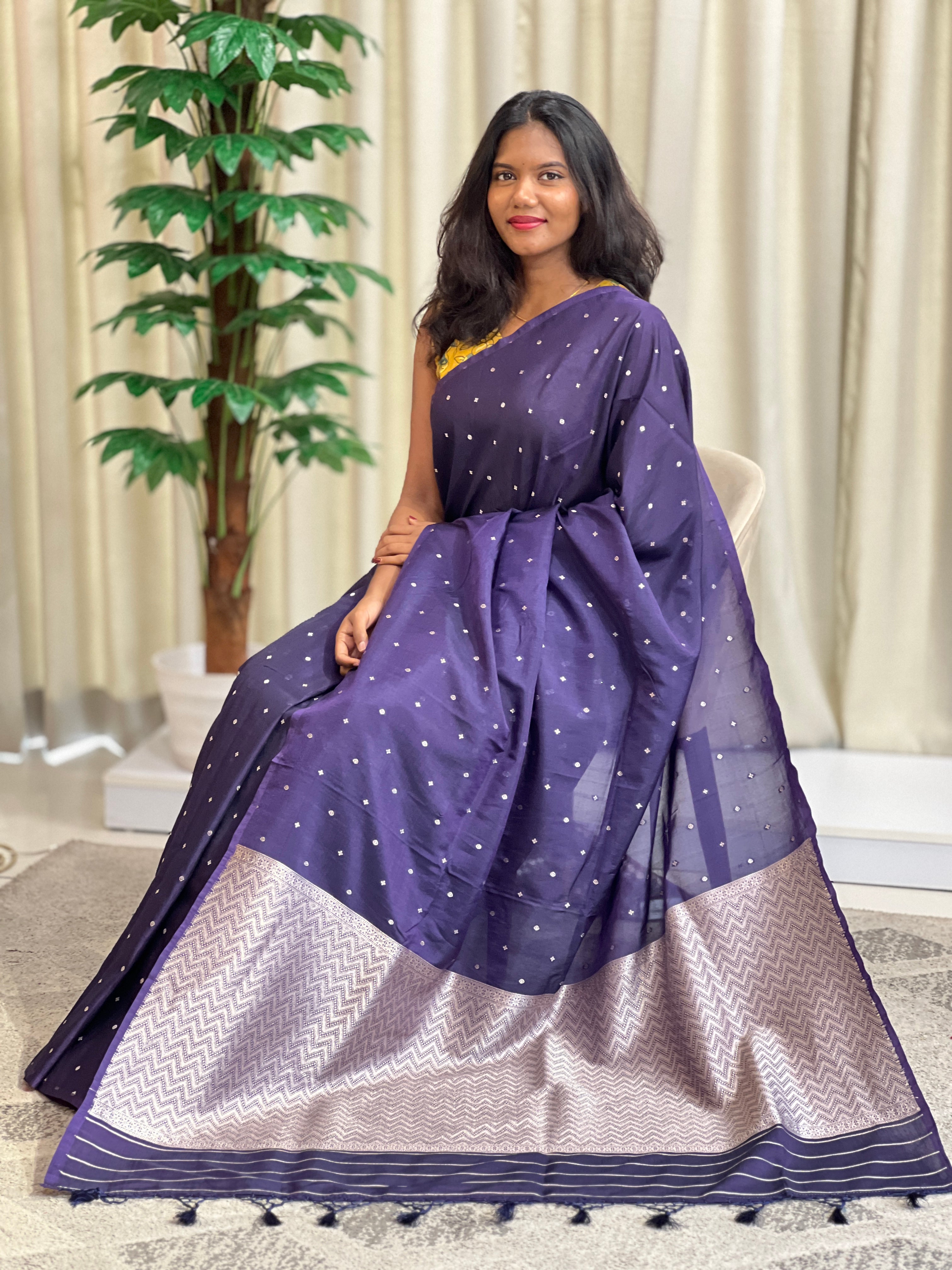 Silver Zari Buti Woven Semi Dupion Silk Saree | MB166