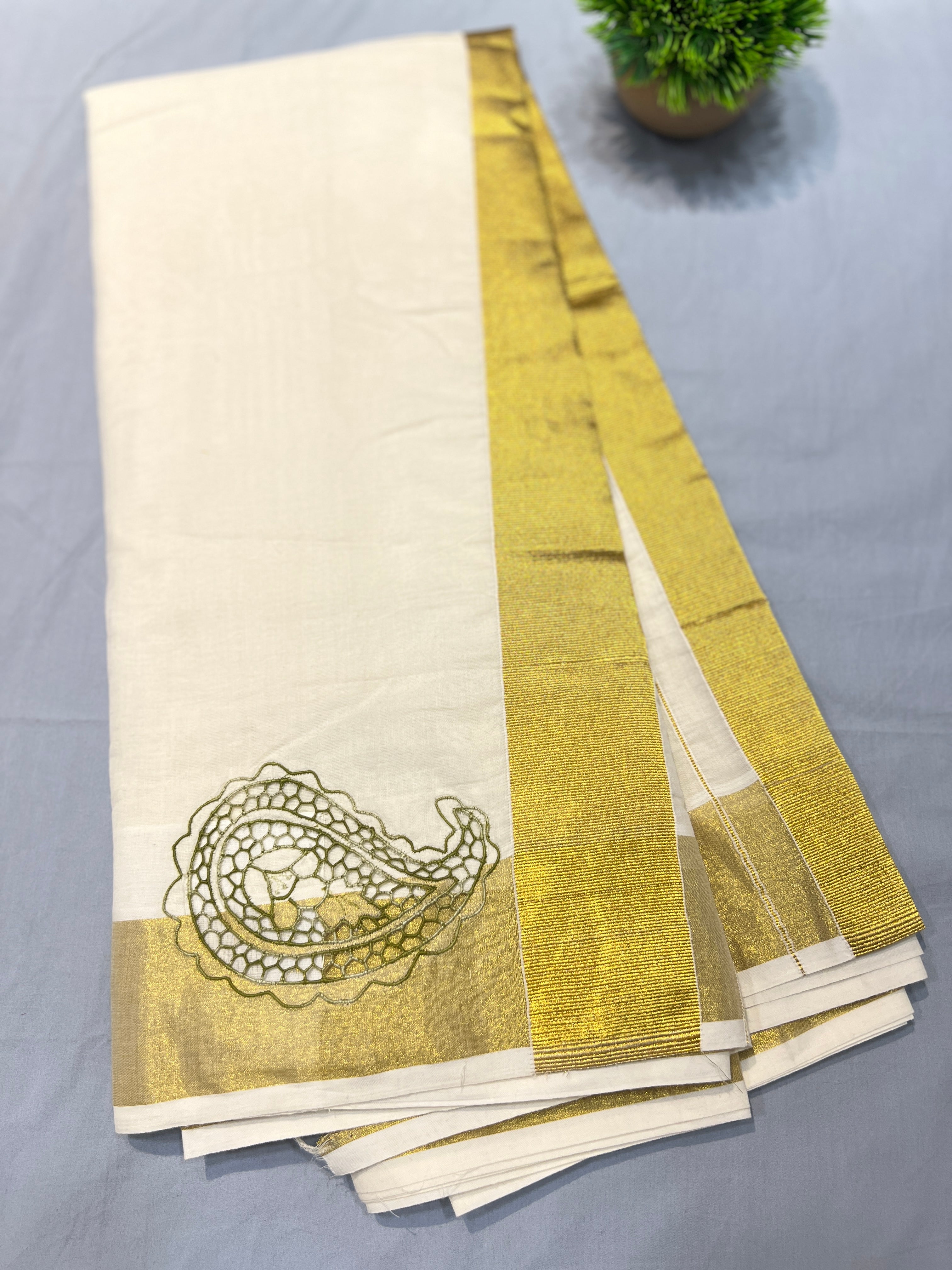 Twine Cut Work Detailed Kerala Cotton Saree | TC411