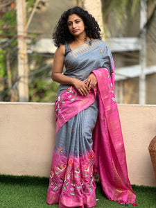 Copper Zari Check Weaving Pattern Bhagalpuri Linen Saree| NHH188