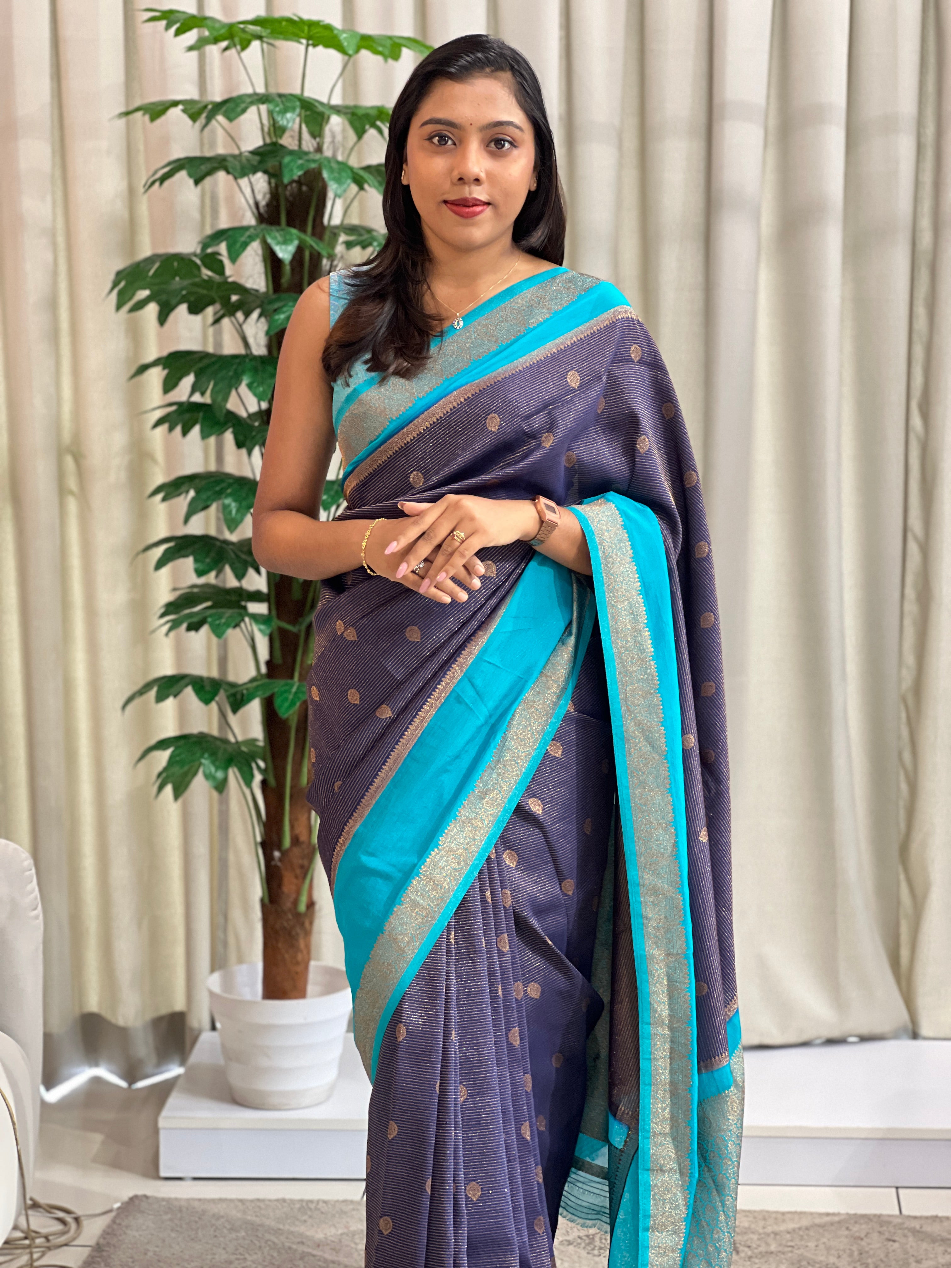 Antique Gold Zari Buta Woven Georgette Saree | RS109