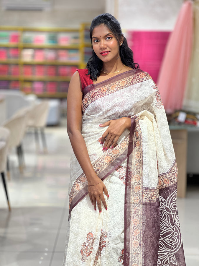 Block Printe With Tepchi Embroidered  Kota Saree | HT150