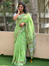 Floral Hand Embroidery Pattern Bhagalpuri Linen Saree | RP376