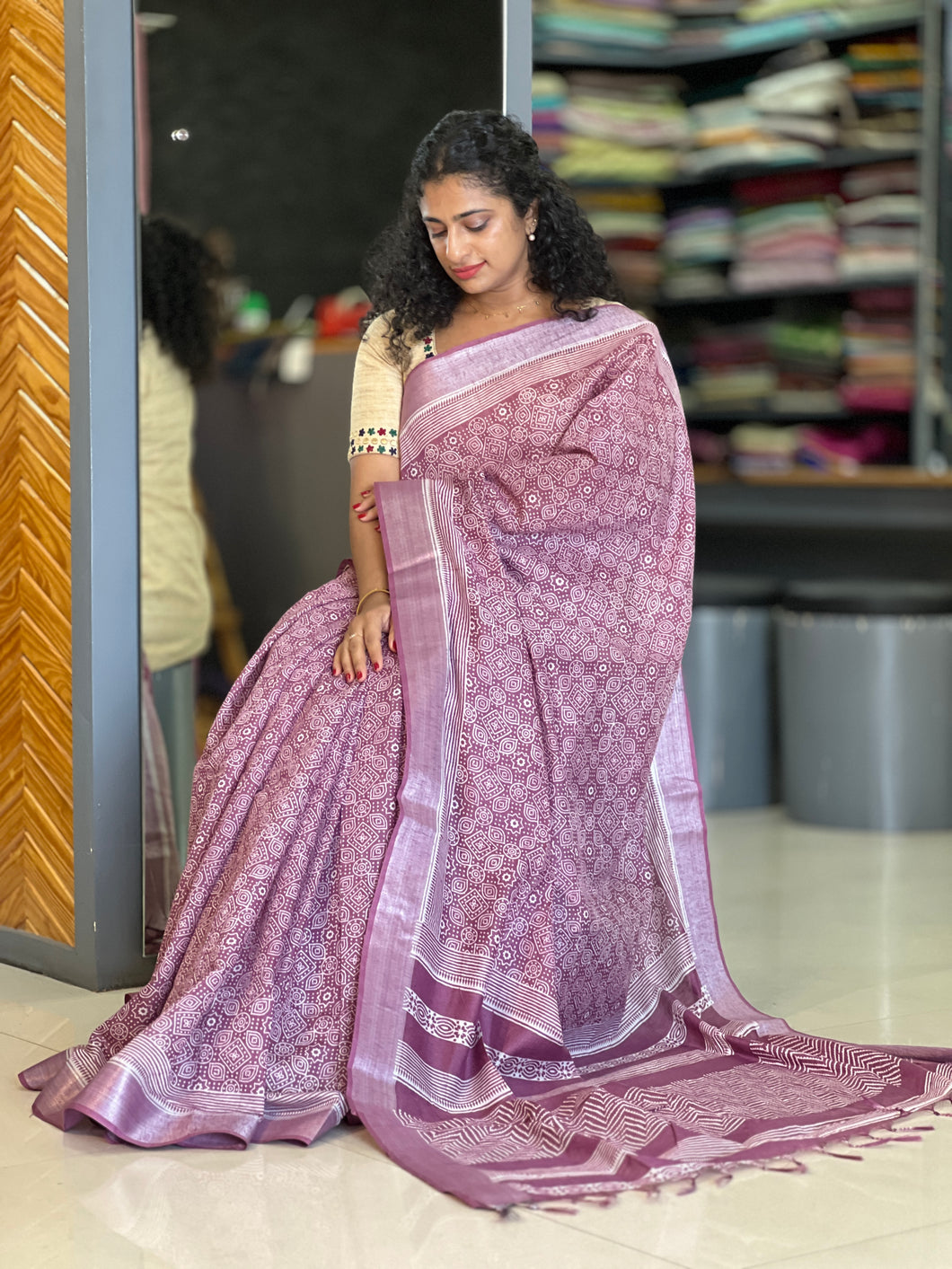 Ajrak Inspired Screen Printed Bhagalpuri Linen Saree | GMS160