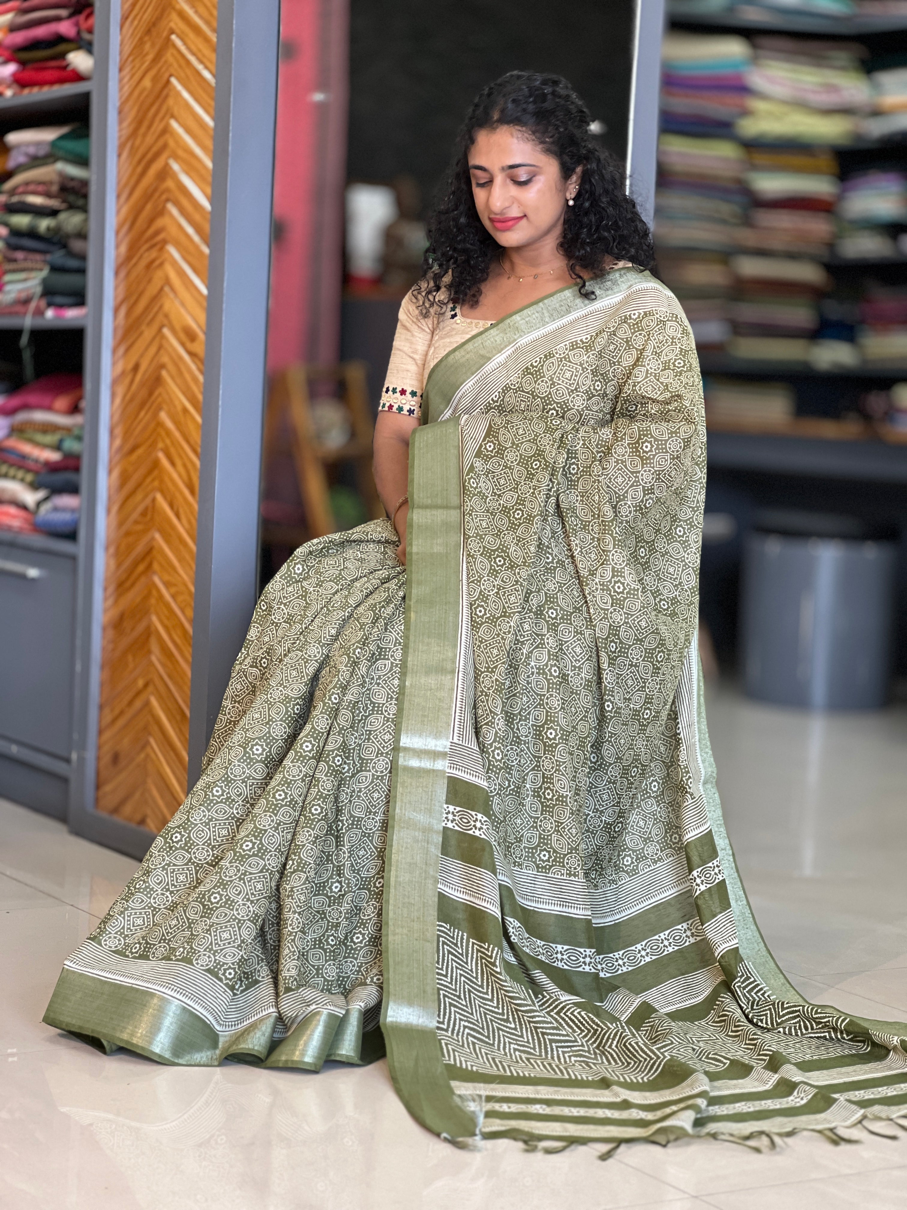 Ajrak Inspired Screen Printed Bhagalpuri Linen Saree | GMS160