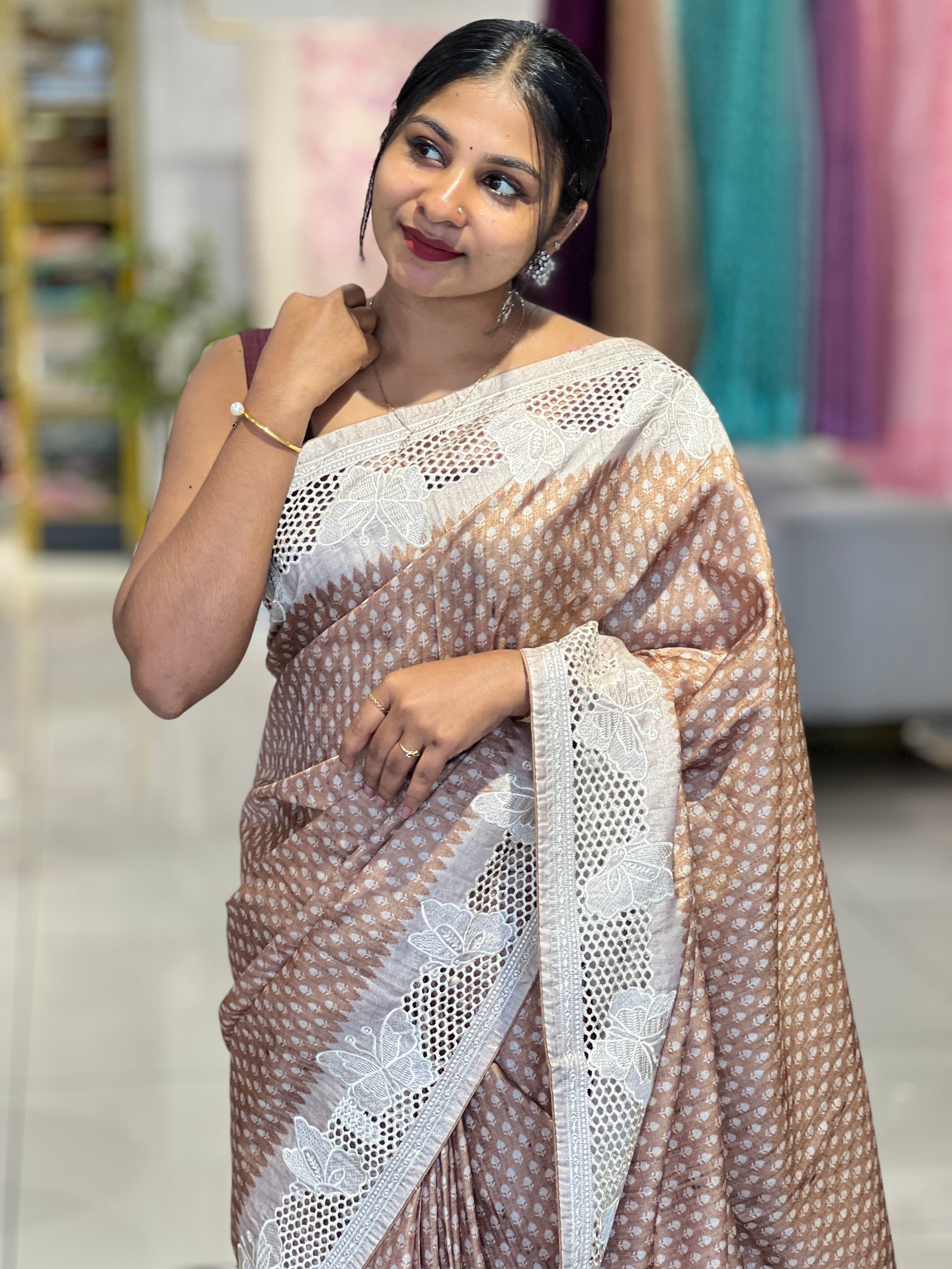 Printed Embroidery & Cutwork Detailed Semi Tussar Saree | SVF173