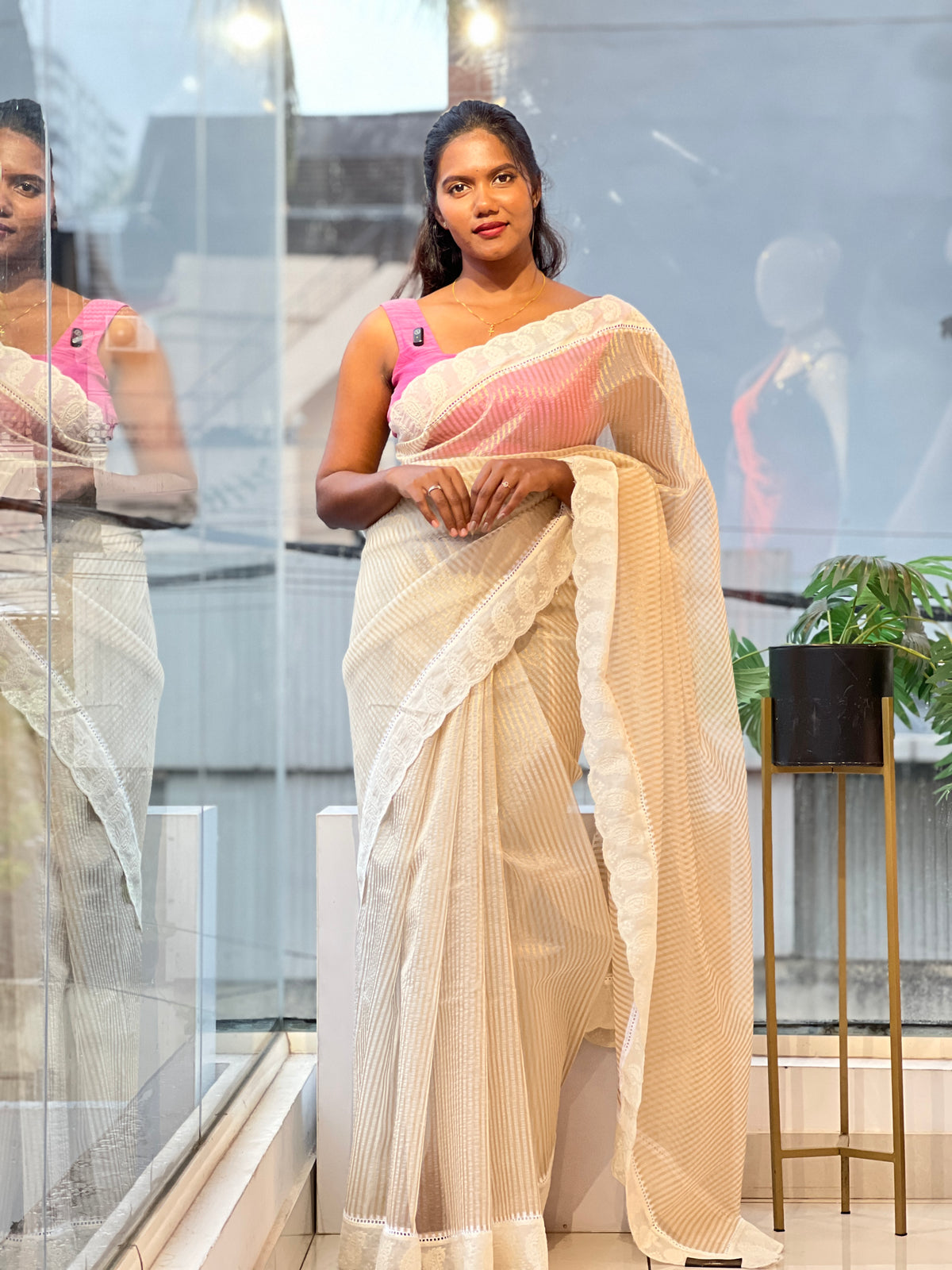 Lucknowi Embroidery Border Pattern Chanderi Saree |  MM675