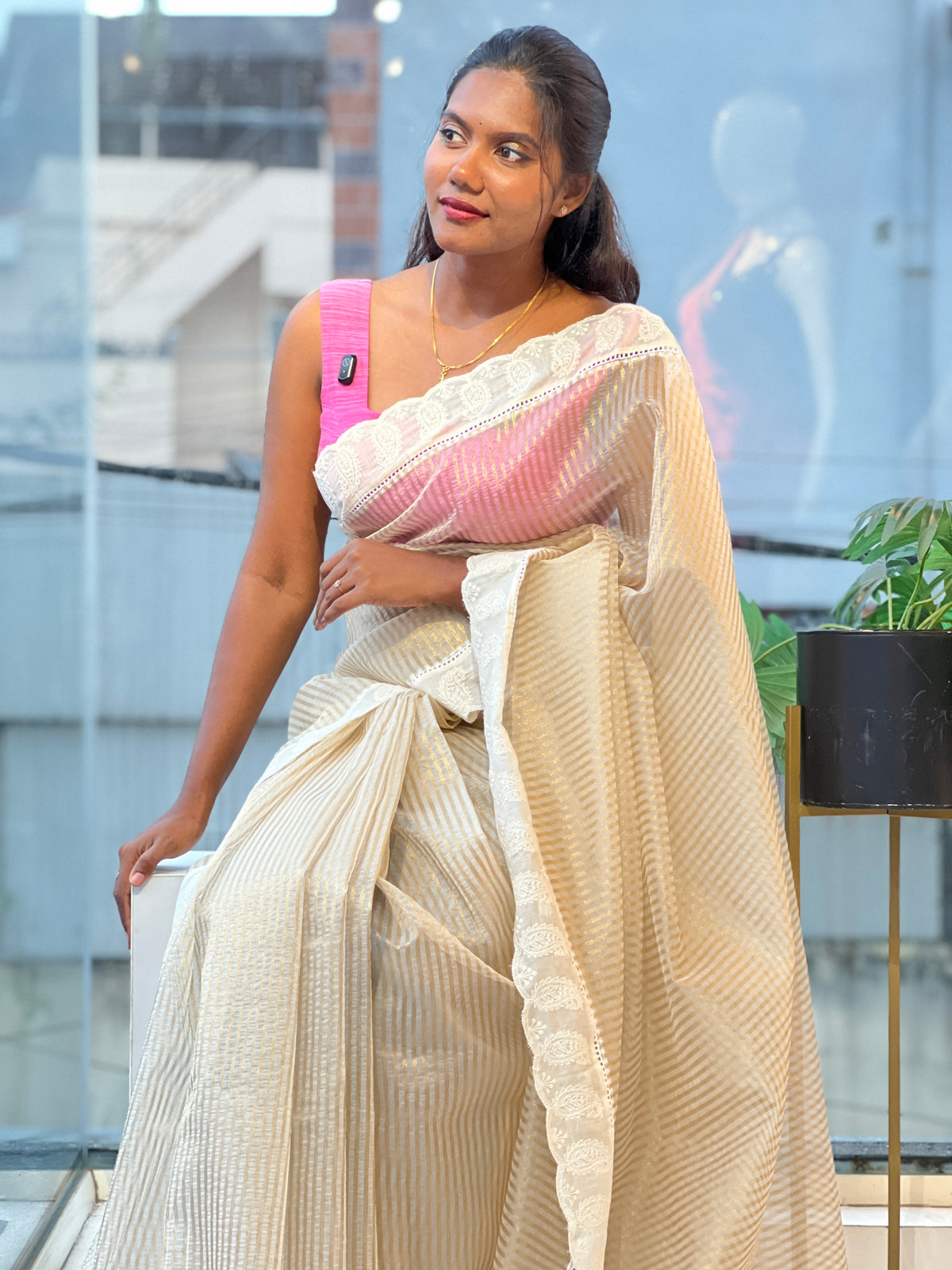 Lucknowi Embroidery Border Pattern Chanderi Saree |  MM675