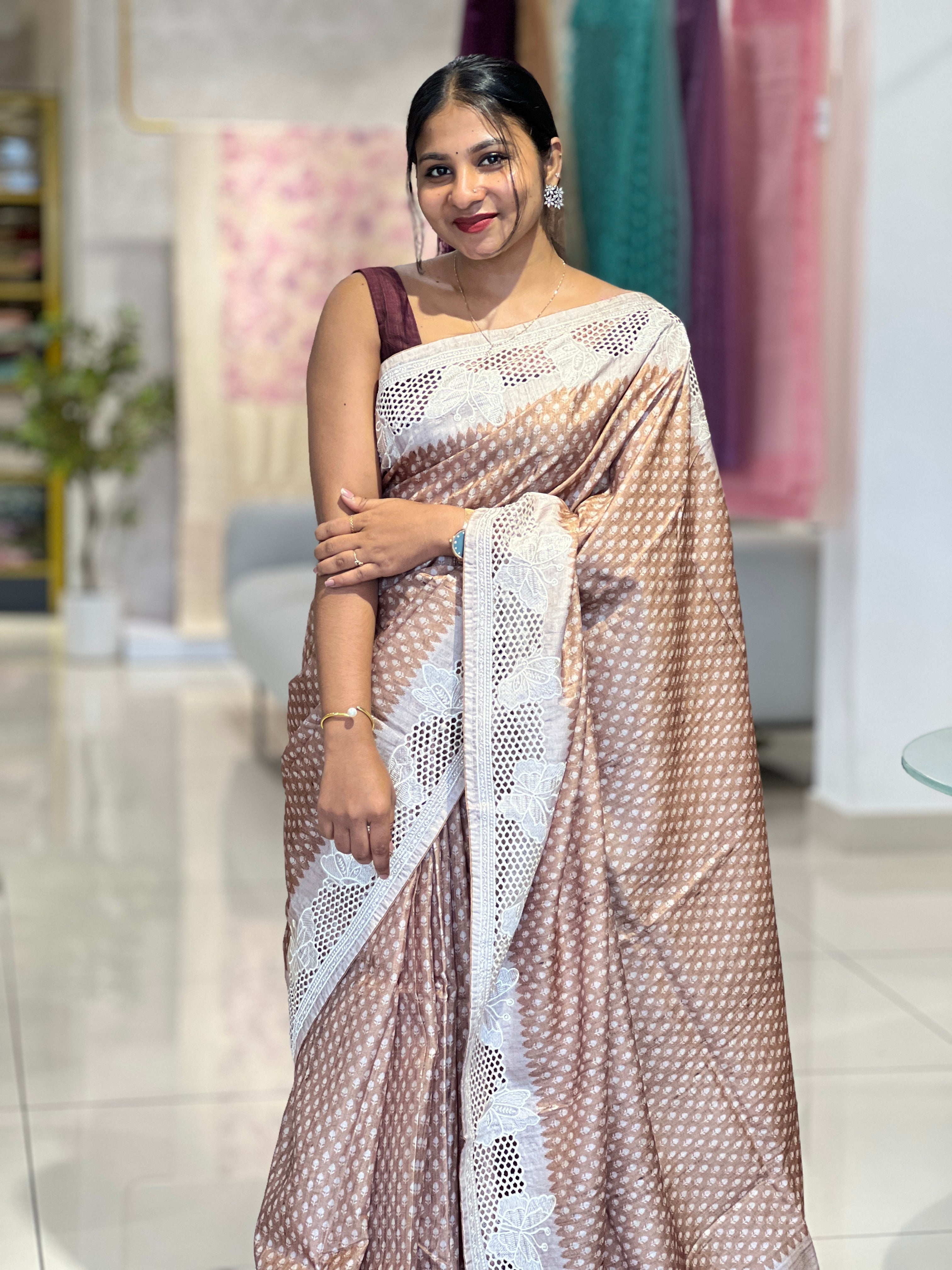 Printed Embroidery & Cutwork Detailed Semi Tussar Saree | SVF173