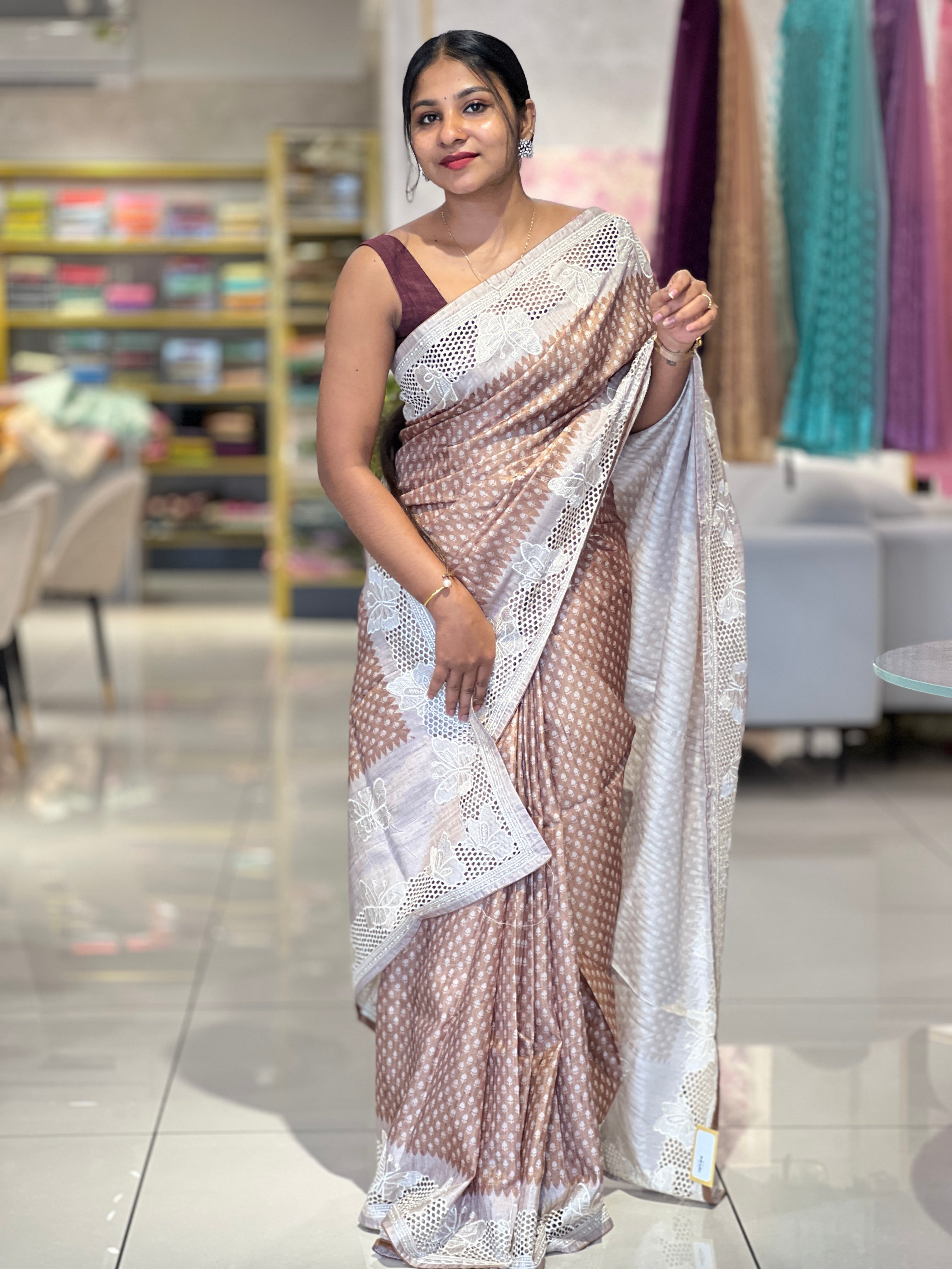 Printed Embroidery & Cutwork Detailed Semi Tussar Saree | SVF173