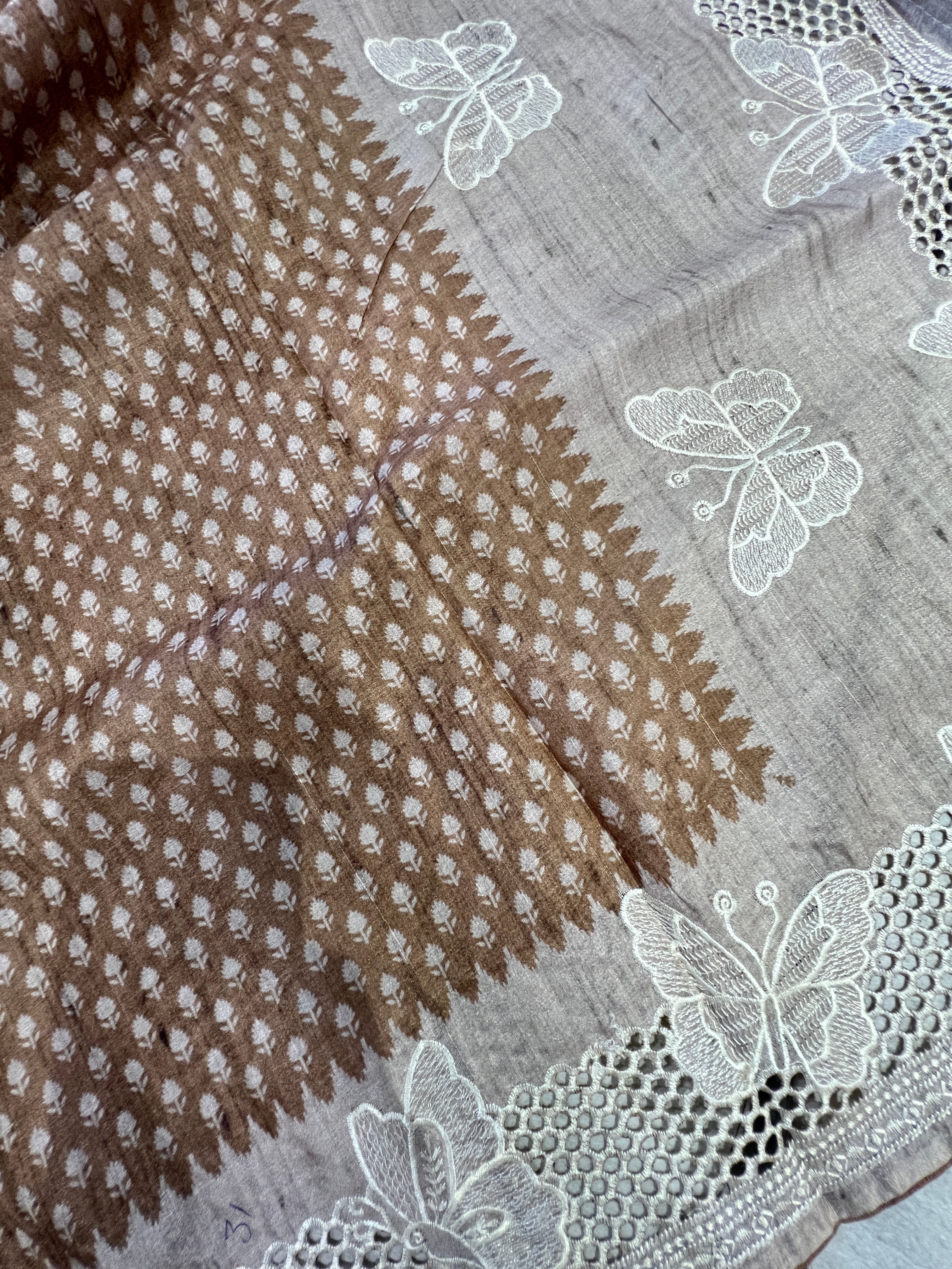 Printed Embroidery & Cutwork Detailed Semi Tussar Saree | SVF173