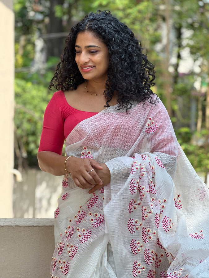 White & Pink Embroidered Silky Kota Saree | NHH216