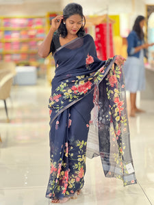 Floral Printed Linen Finish Saree | SSN104