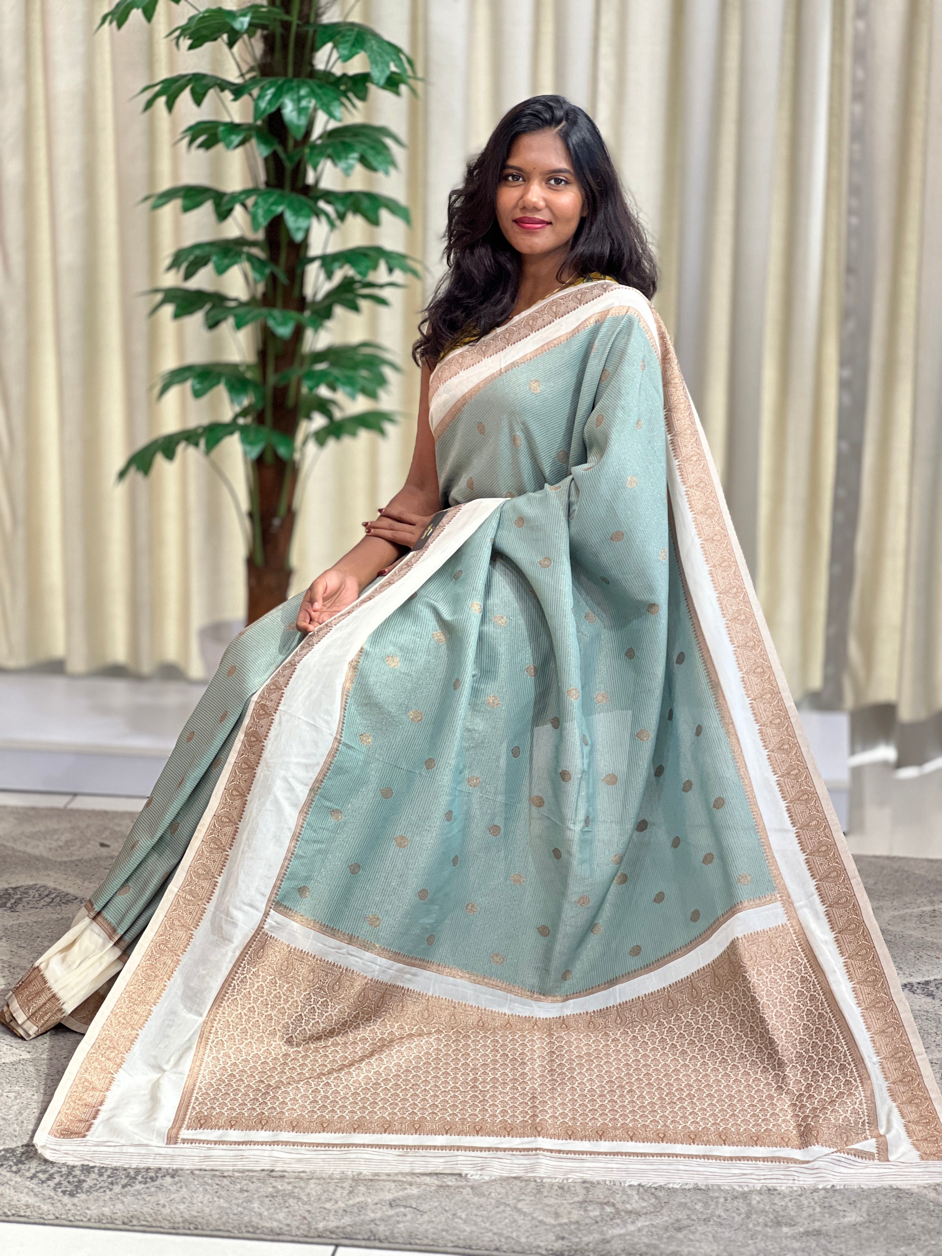 Antique Gold Zari Buta Woven Georgette Saree | RS111