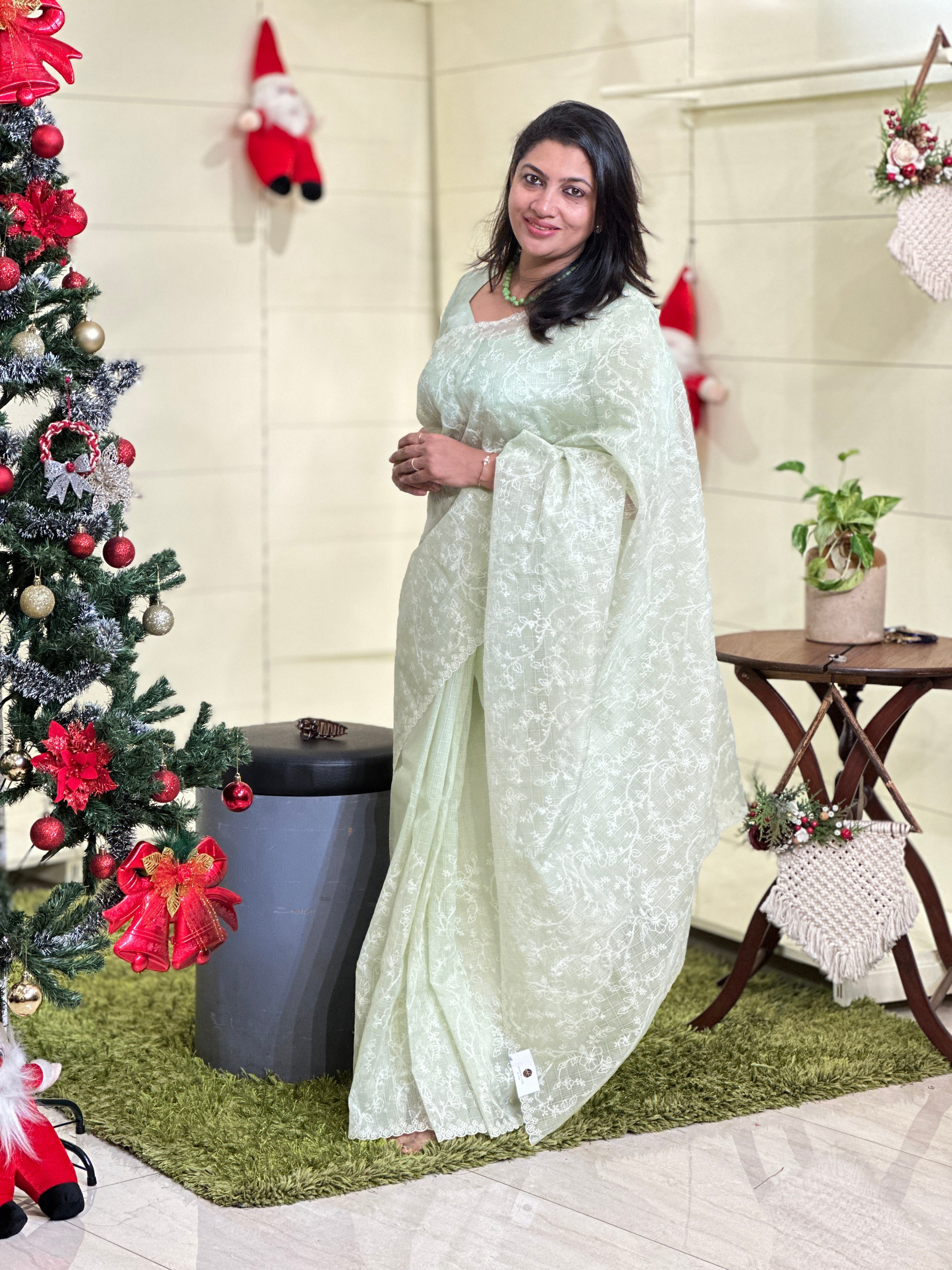 Floral Thread Embroidered Check Organza Saree | BLD1563